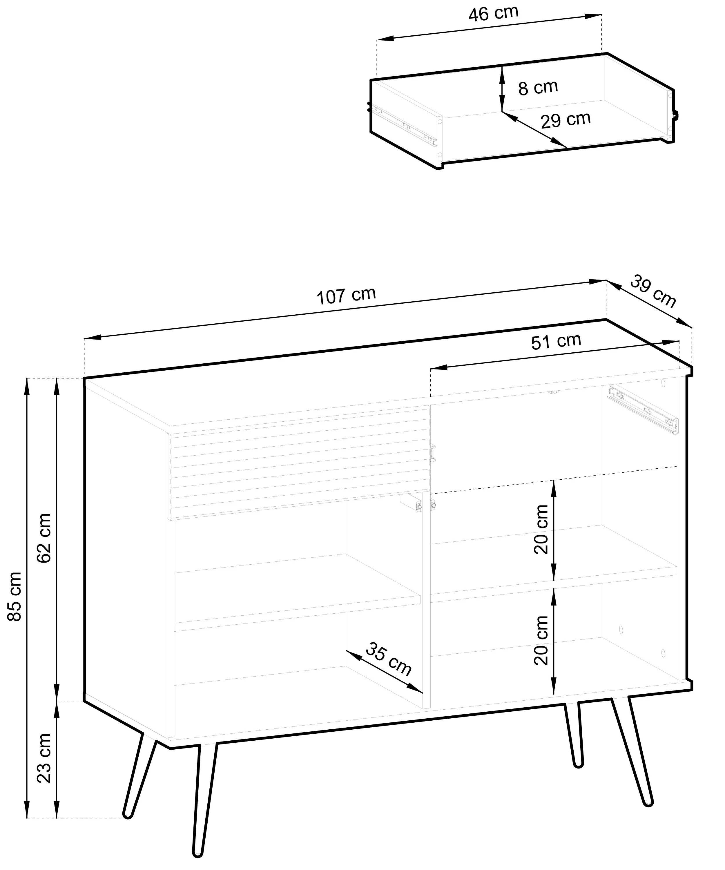 Komoda dwudrzwiowa Glinte z szufladami 107 cm czarna ze złotymi nogami - Image 5