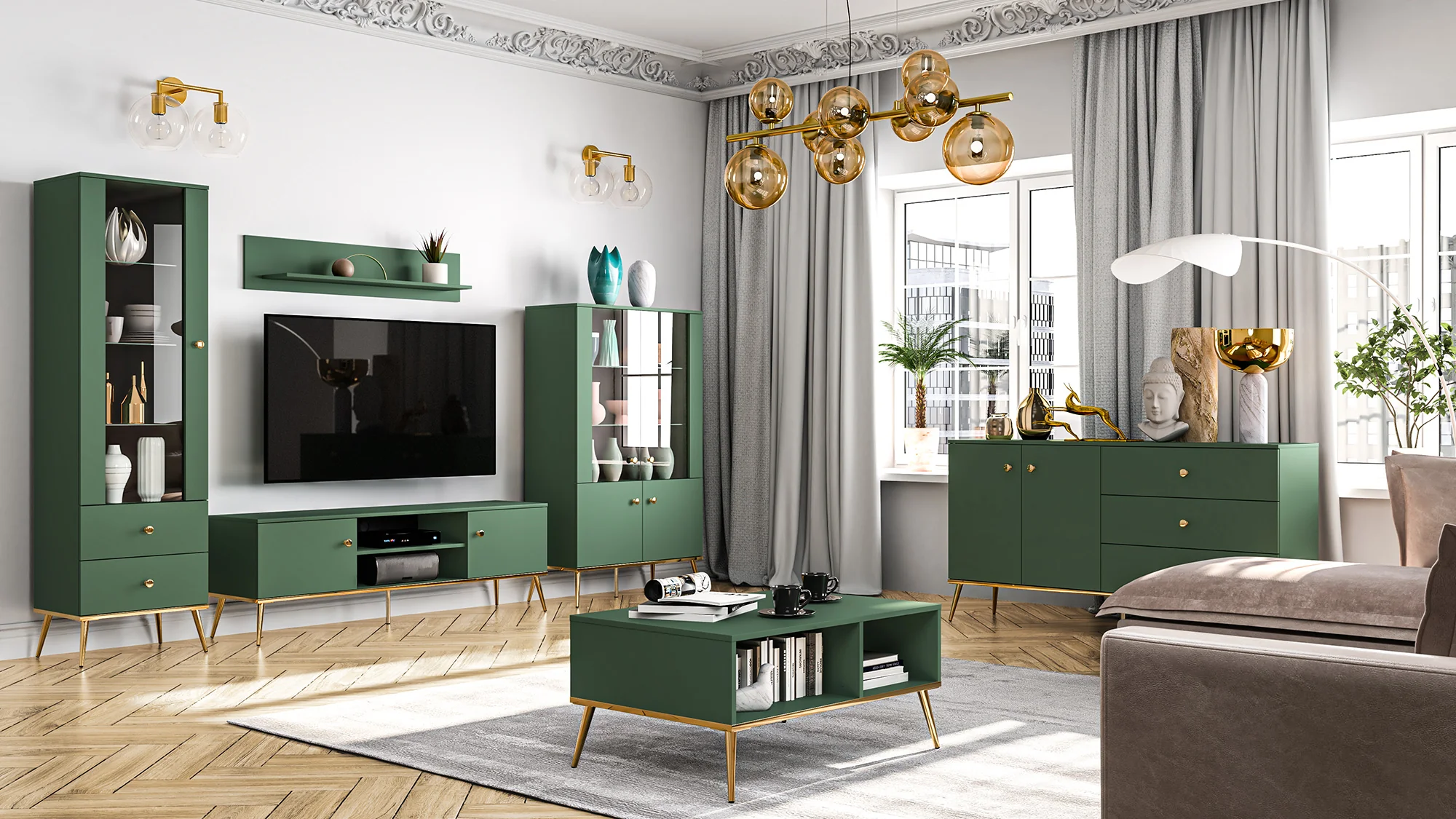 Komoda dwudrzwiowa Maturie z trzema szufladami 160 cm Zielony - Image 6