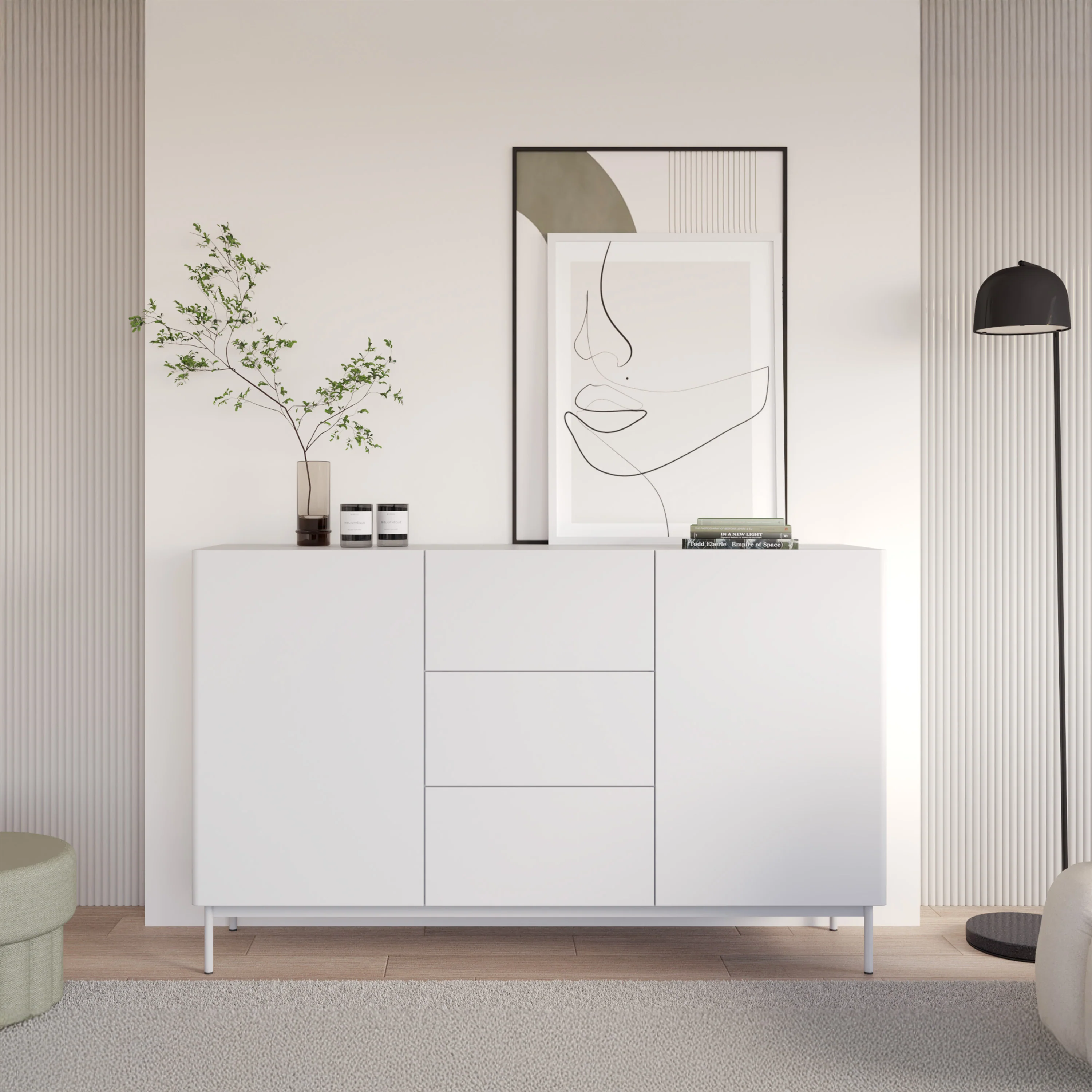 Komoda dwudrzwiowa Olio z trzema szufladami 160 cm biała - Image 2