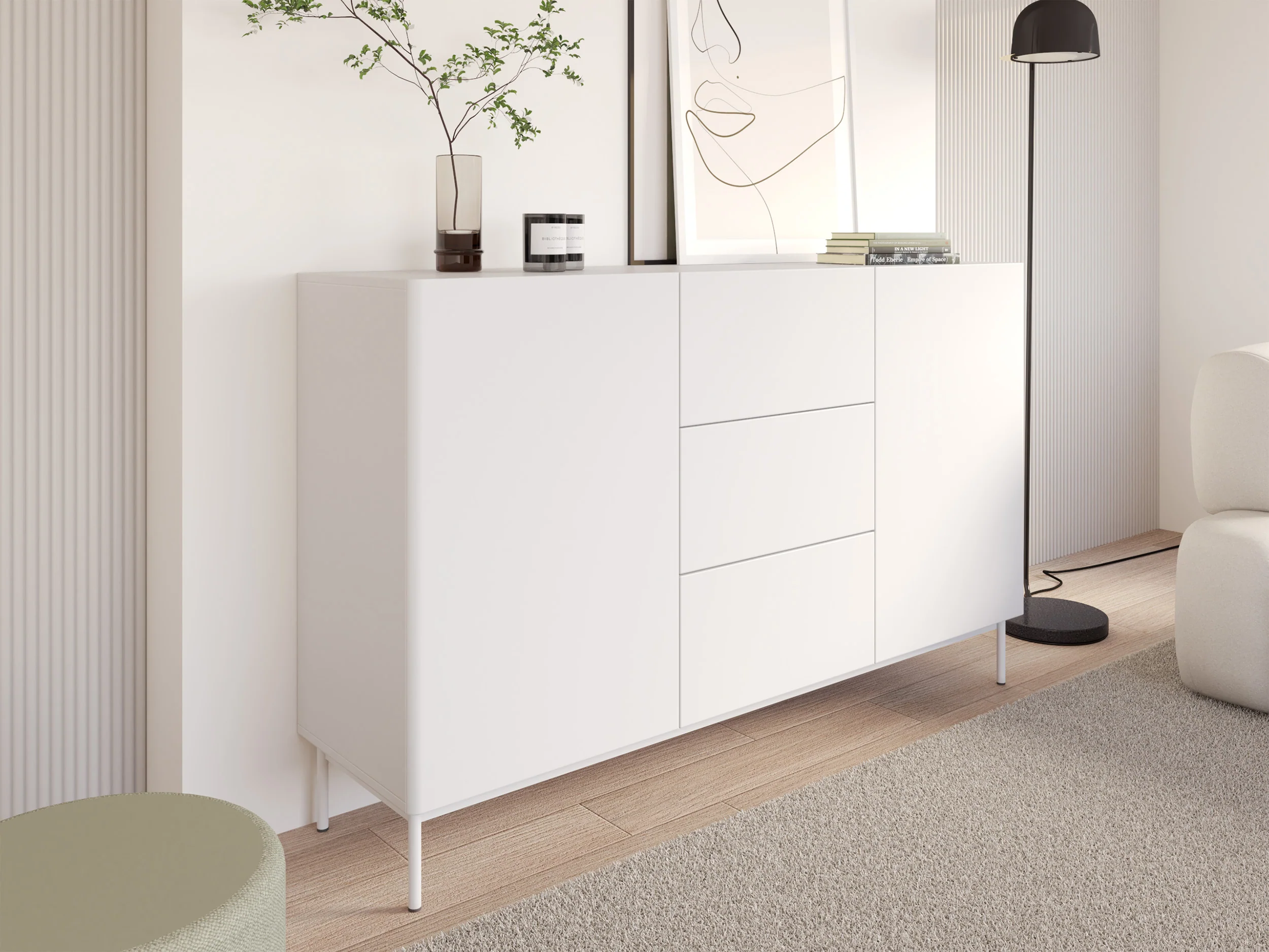 Komoda dwudrzwiowa Olio z trzema szufladami 160 cm biała - Image 4