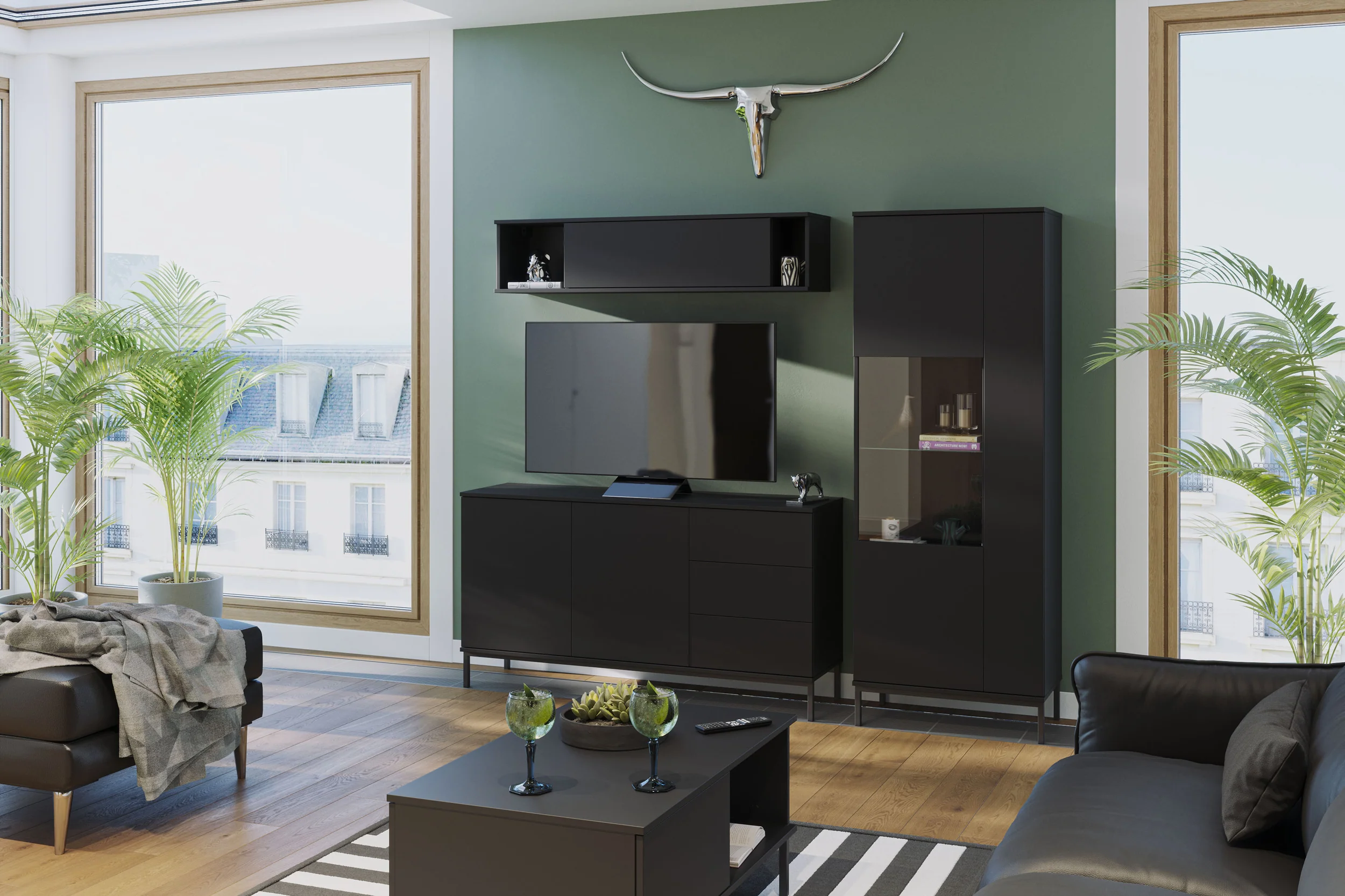 Komoda dwudrzwiowa Perila 150 cm z szufladami czarna - Image 2