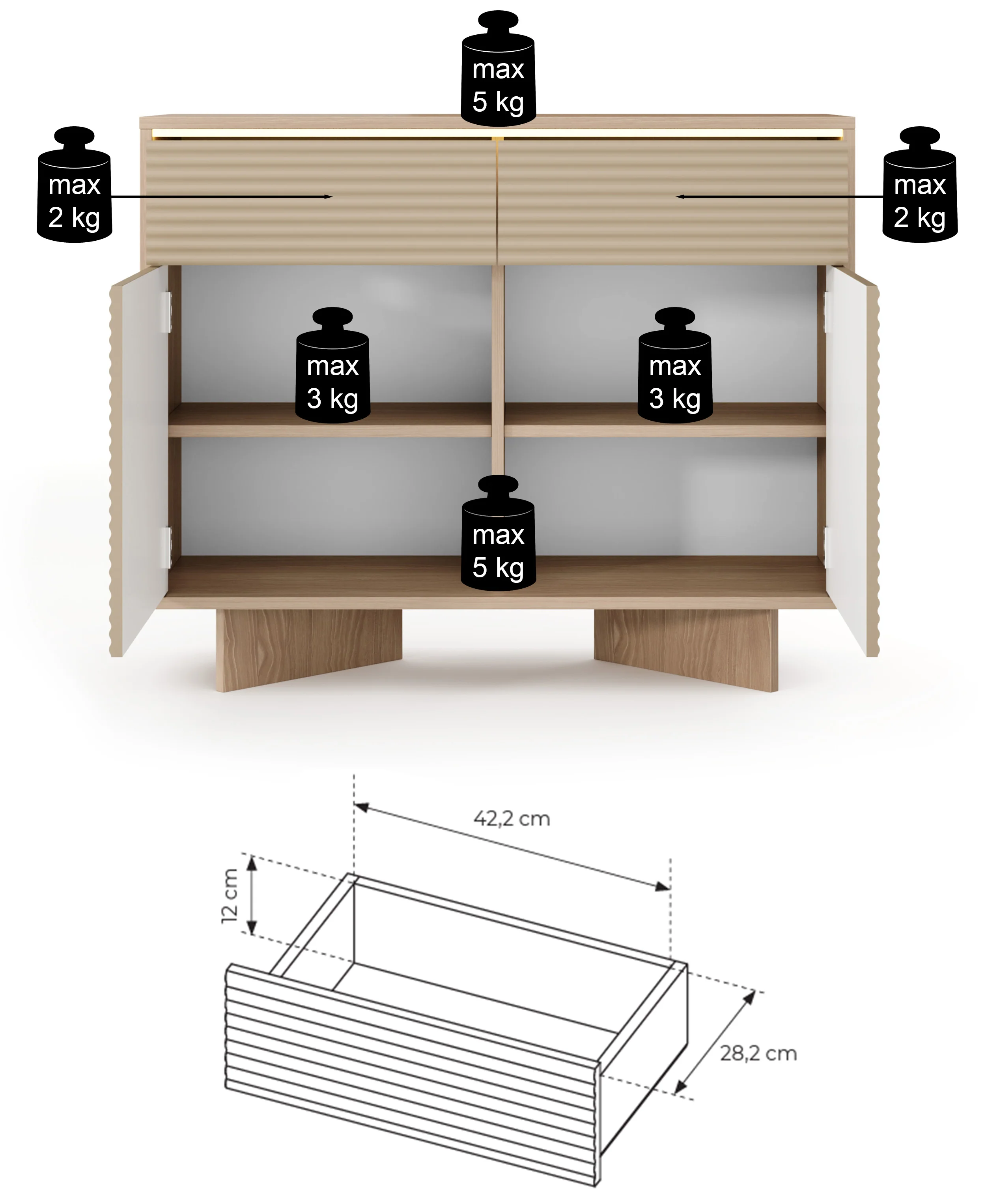 Komoda dwudrzwiowa Semi z dwiema szufladami i oświetleniem LED 104 cm bolivar naturalny/cappuccino - Image 9