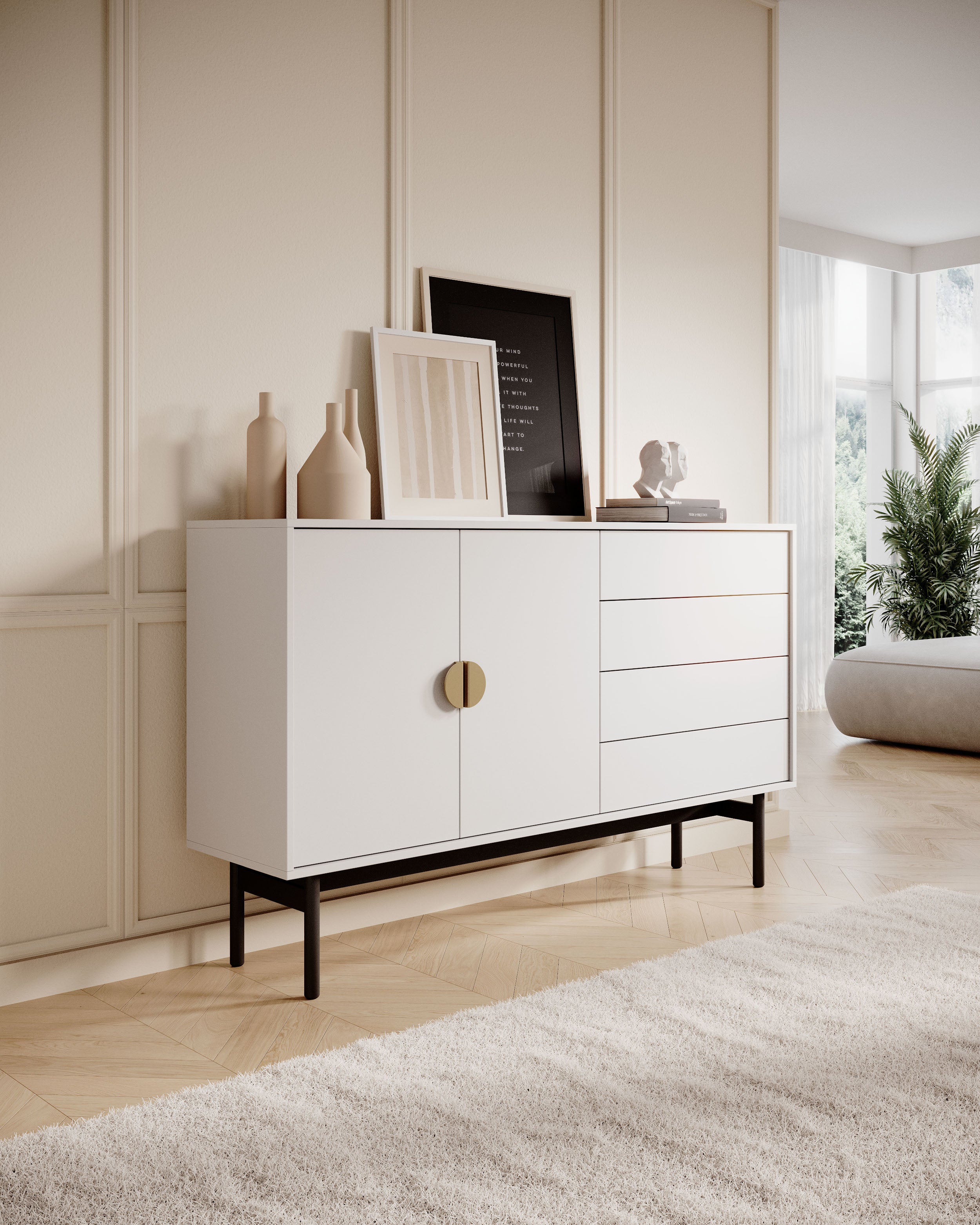 Komoda dwudrzwiowa Stoon z czterema szufladami 154 cm Biała - Image 5