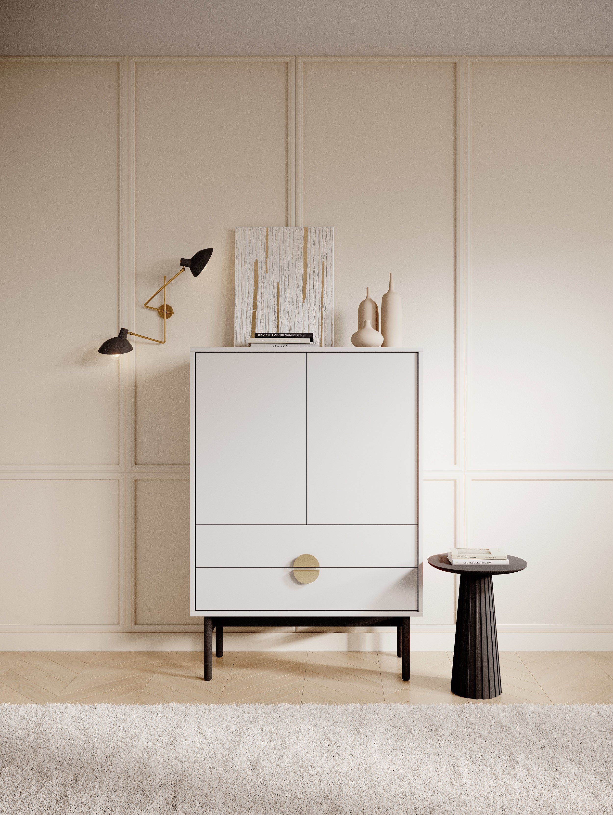 Komoda dwudrzwiowa Stoon z dwoma szufladami 85 cm Biała - Image 2