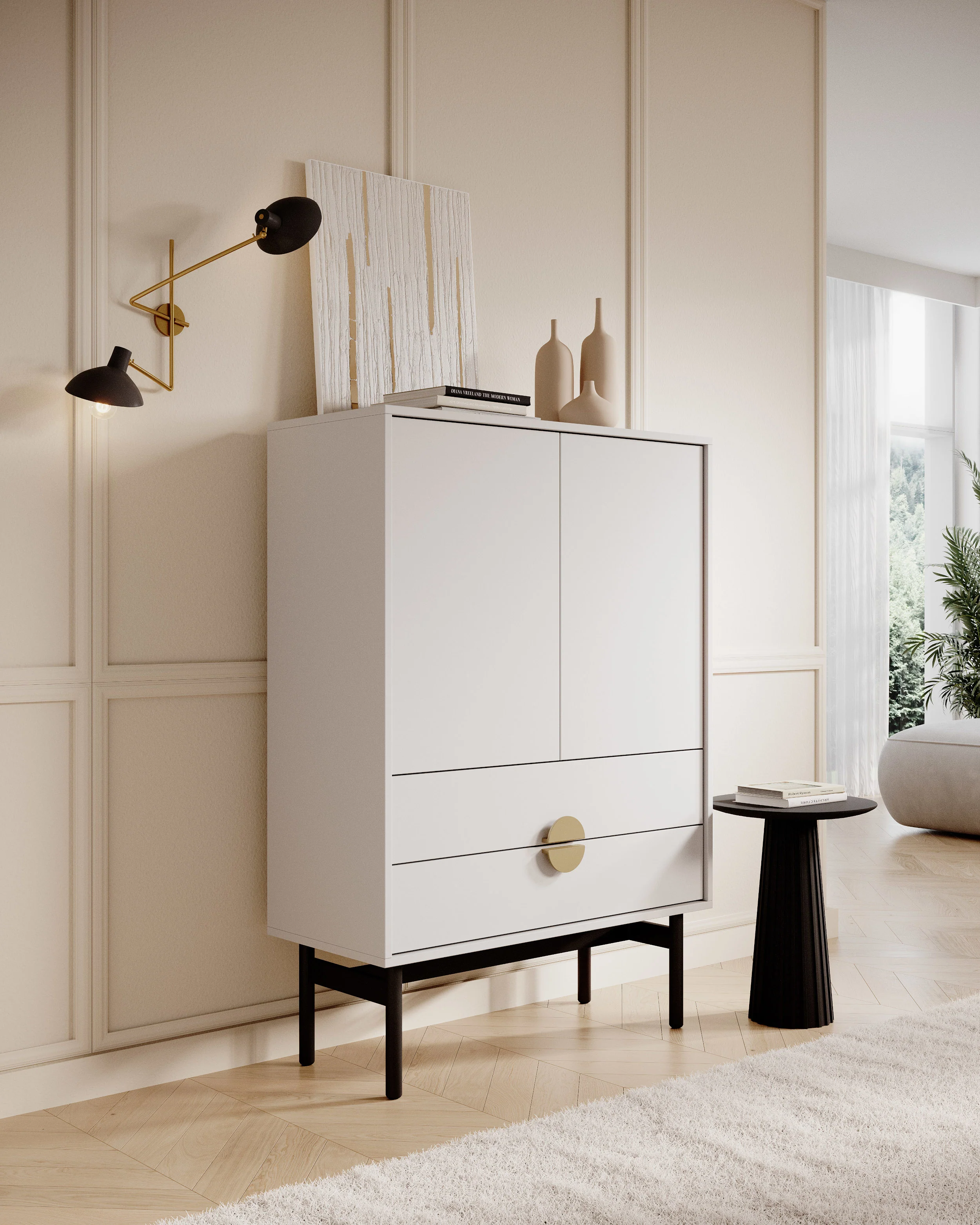 Komoda dwudrzwiowa Stoon z dwoma szufladami 85 cm Biała - Image 3