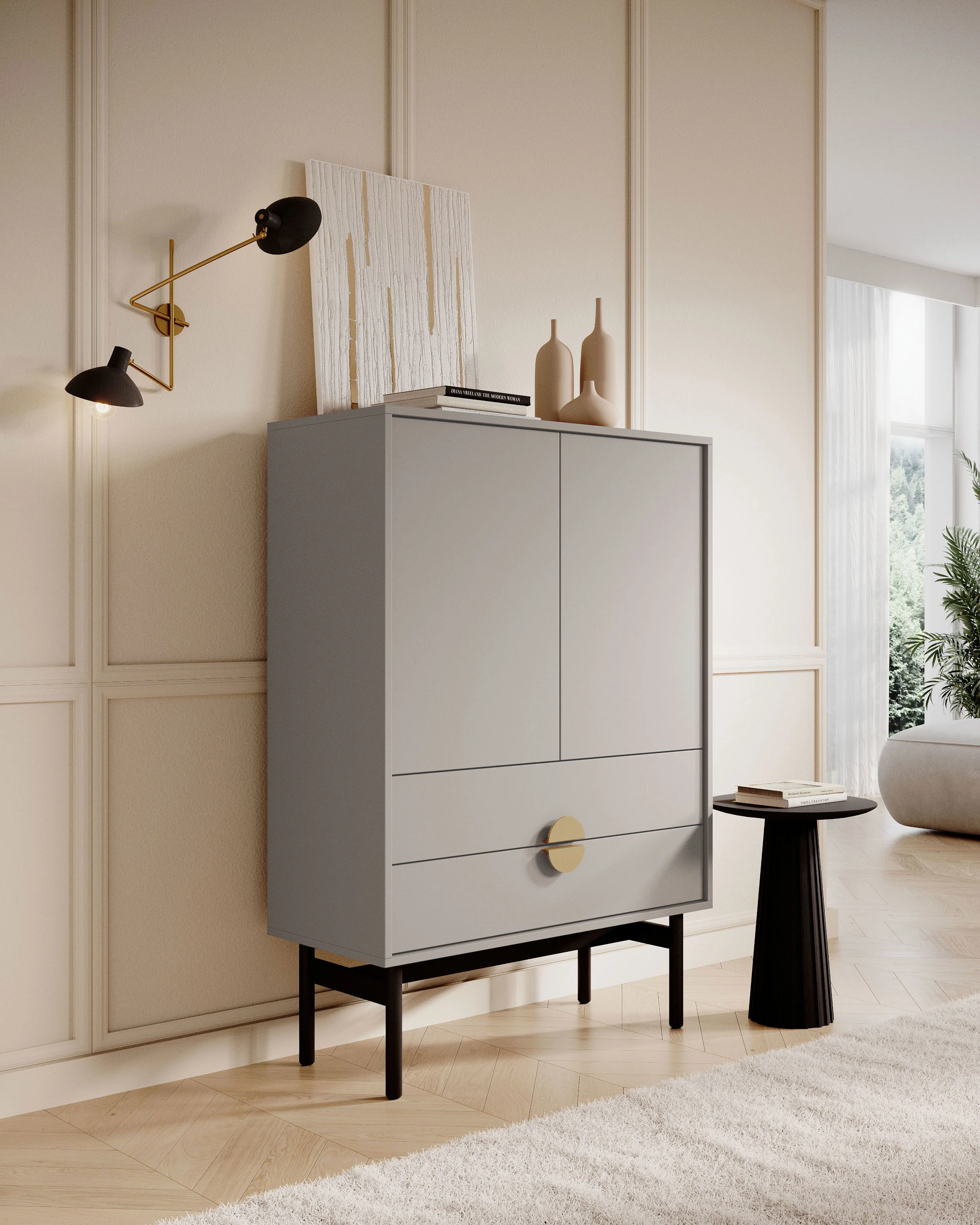 Komoda dwudrzwiowa Stoon z dwoma szufladami 85 cm Szary beż - Image 2