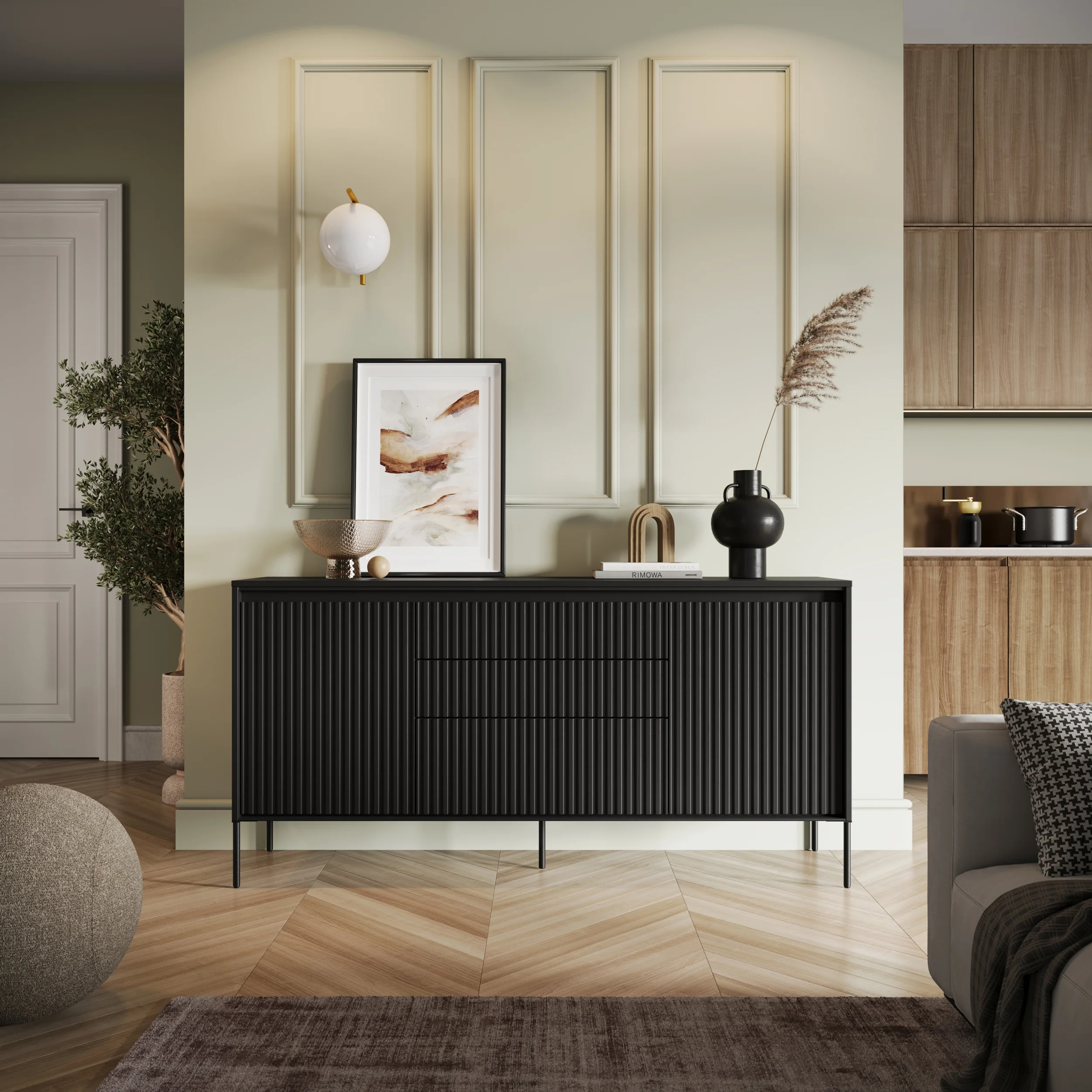 Komoda dwudrzwiowa Trend 166 cm z trzema szufladami z LED Czarna - Image 2