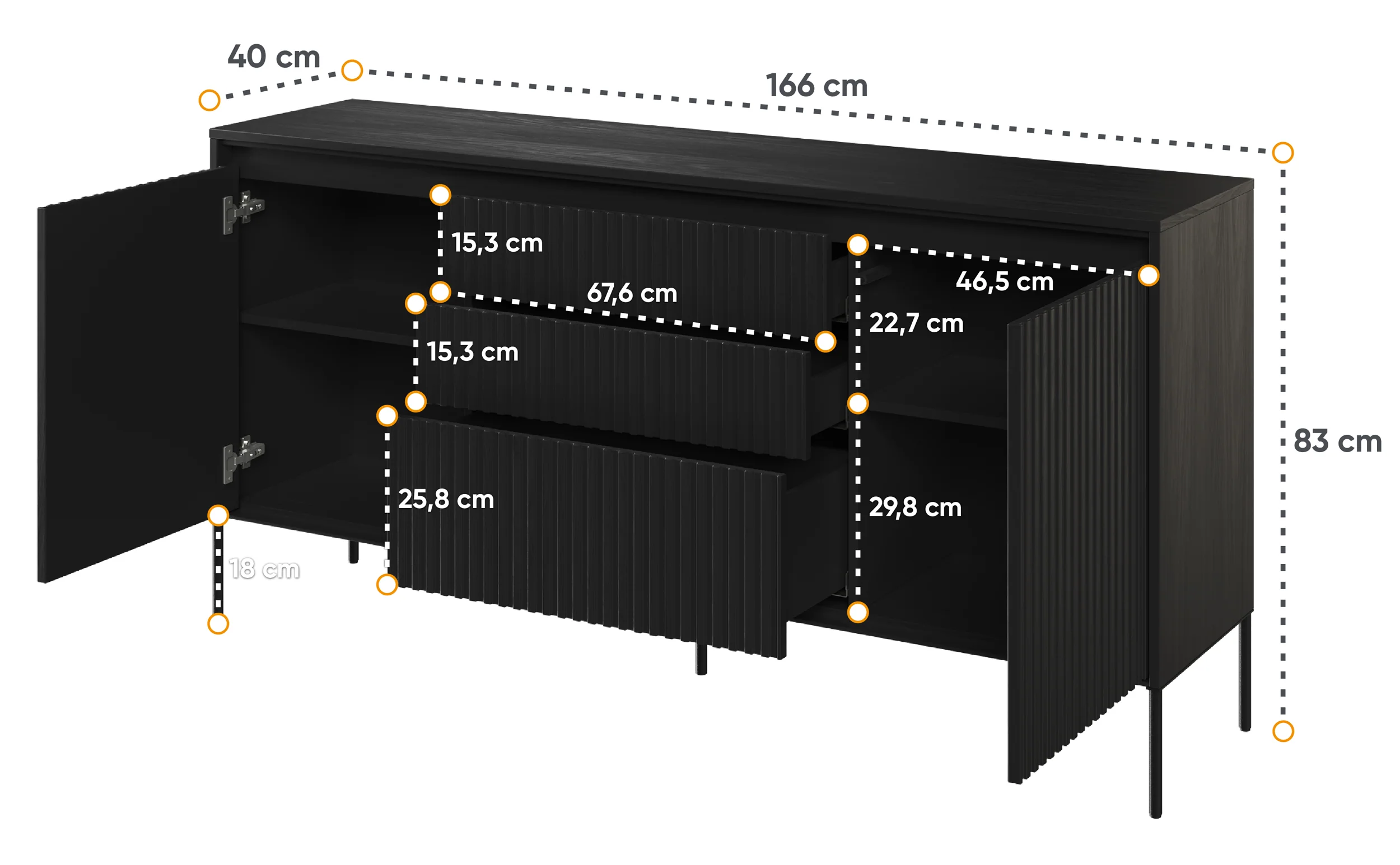 Komoda dwudrzwiowa Trend 166 cm z trzema szufladami z LED Czarna - Image 6