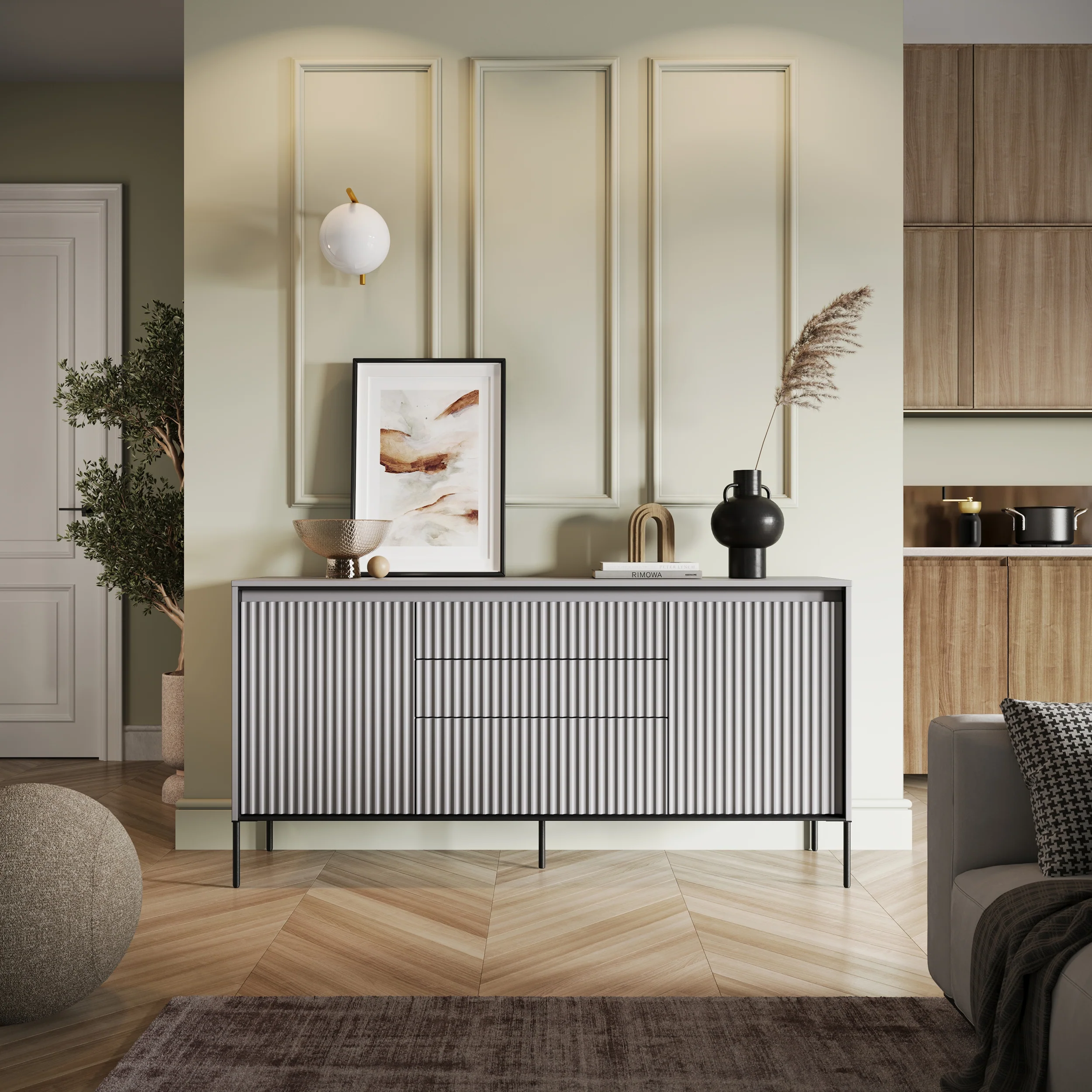 Komoda dwudrzwiowa Trend 166 cm z trzema szufladami z LED Szara - Image 2