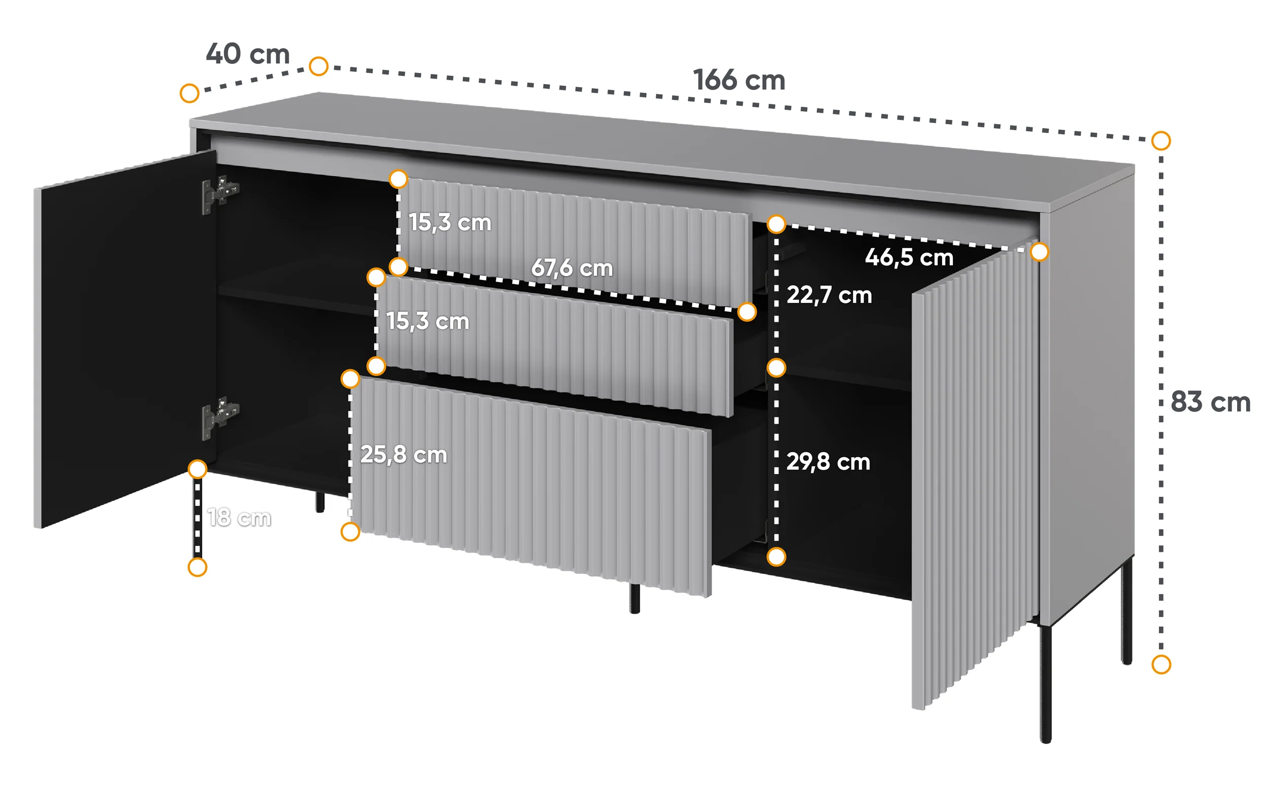 Komoda dwudrzwiowa Trend 166 cm z trzema szufladami z LED Szara - Image 4