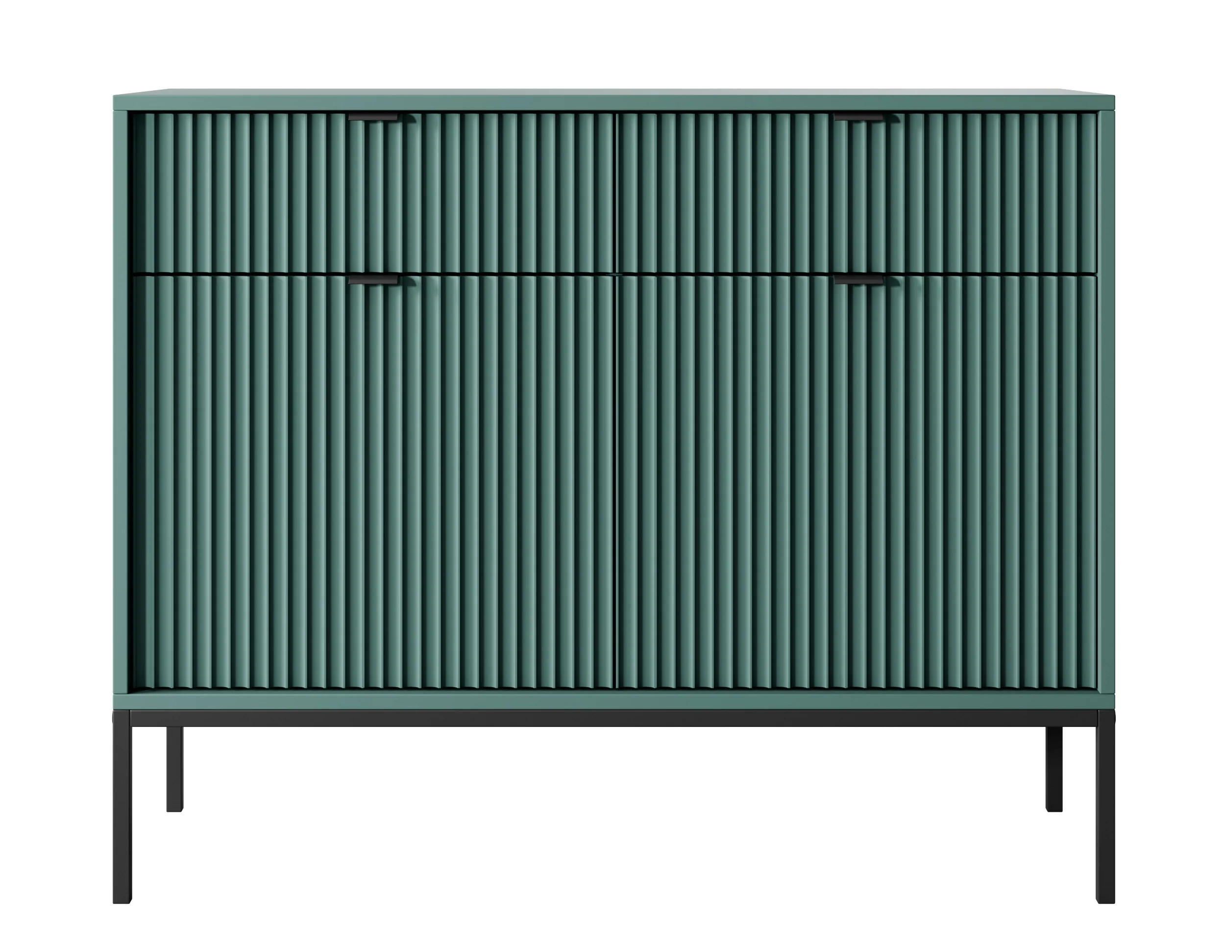 Komoda dwudrzwiowa Vellore 104 cm zielona z ryflowanymi frontami, czarnymi uchwytami i stelażem - Image 4