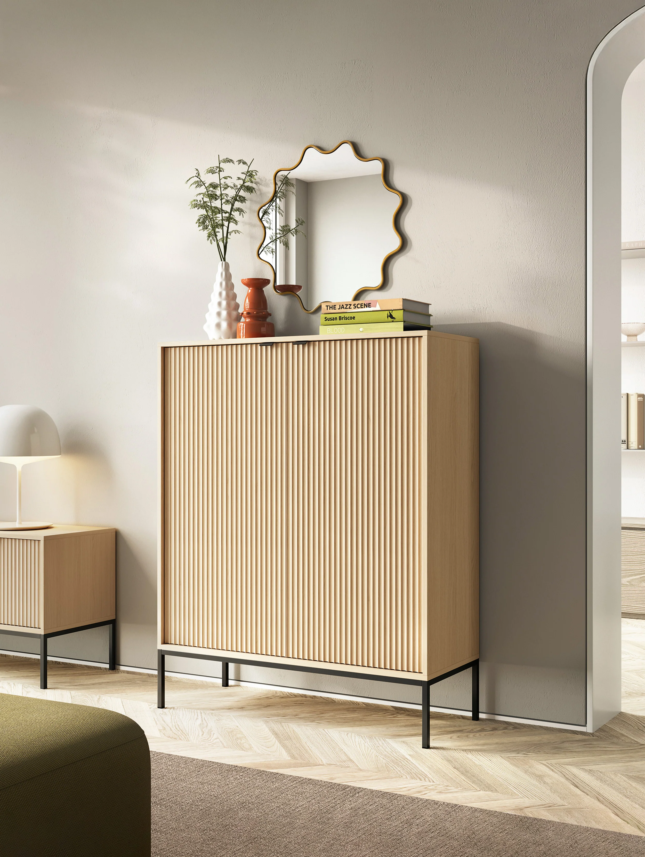 Komoda dwudrzwiowa Vellore z ryflowanym frontem 104 cm dąb vicenza na czarnych nóżkach - Image 6