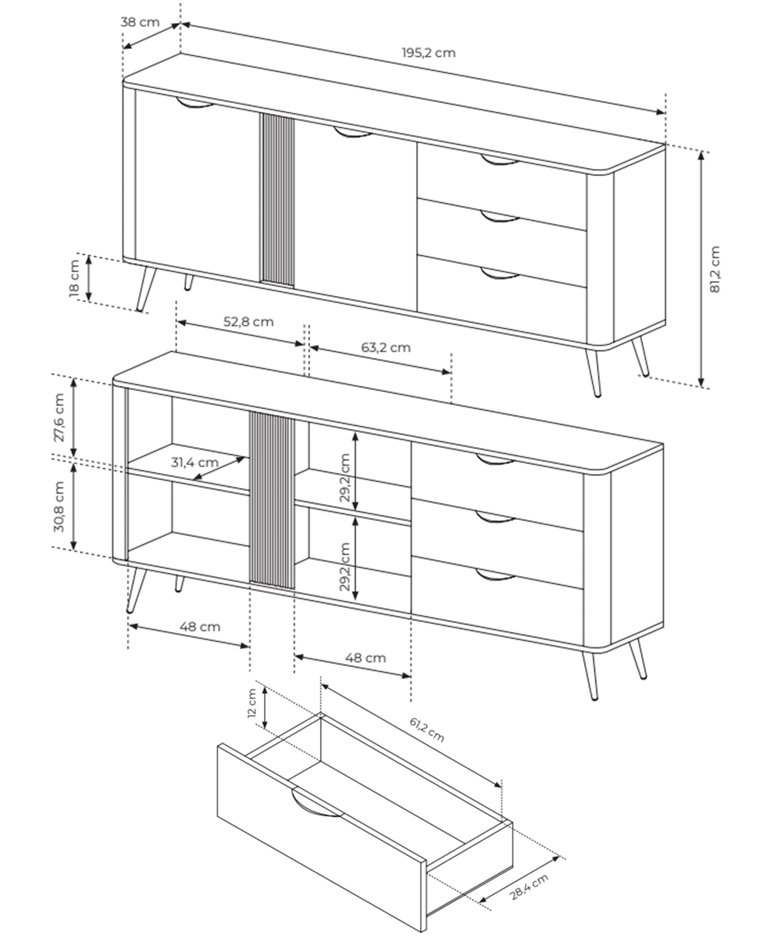 Komoda dwudrzwiowa Veris z ryflami i trzema szufladami 195 cm dąb dunin z czarnymi nóżkami - Image 7