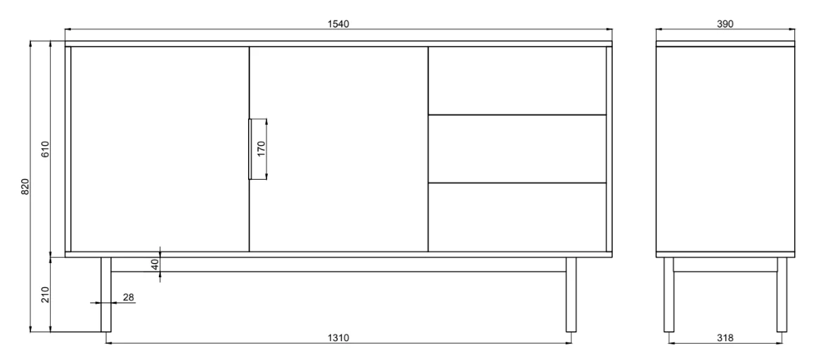 Komoda dwudrzwiowa Viviaro z trzema szufladami 154 cm Biała - Image 6