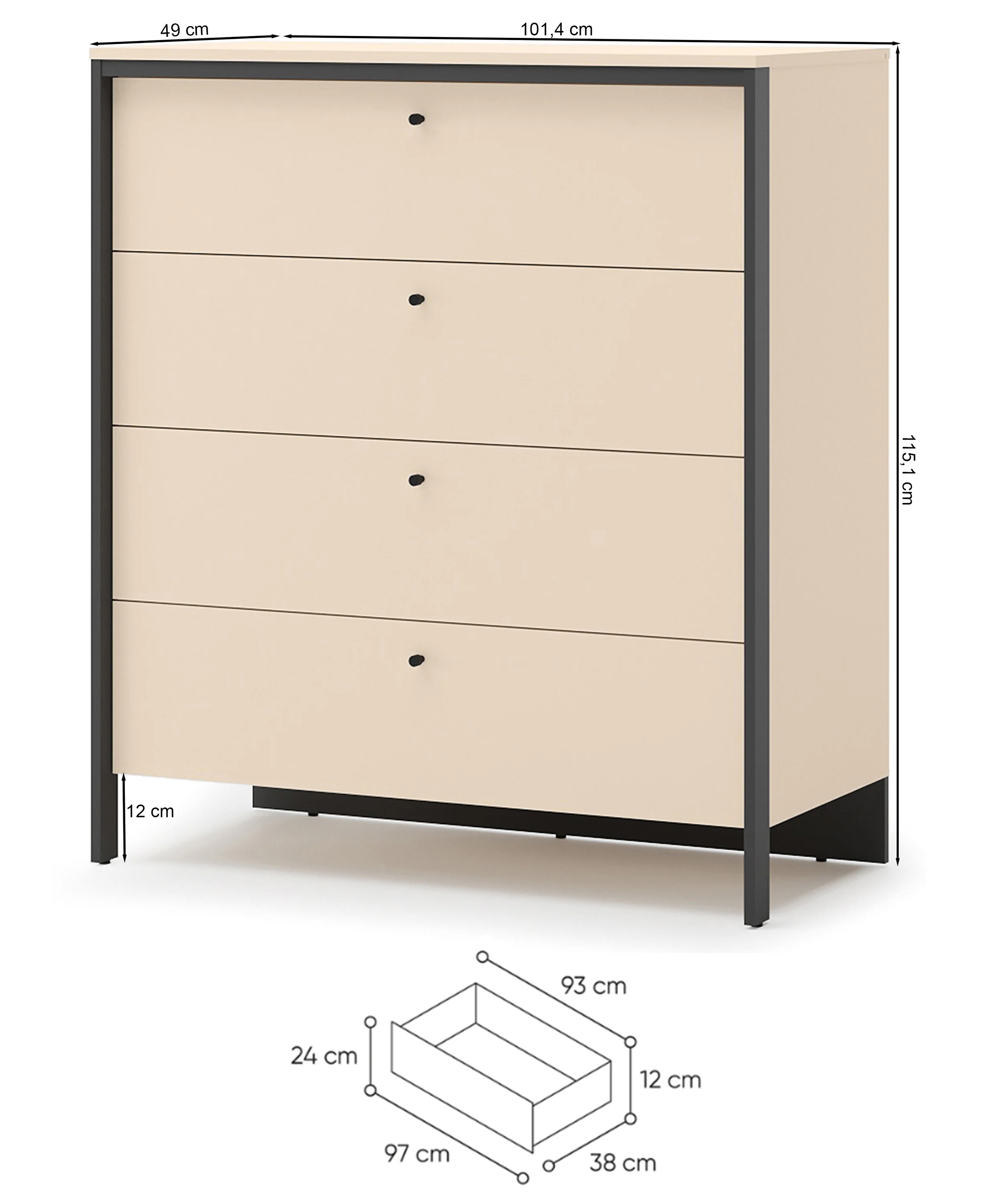 Komoda Enna z czterema szufladami i oświetleniem LED 101 cm beż piaskowy/czarna - Image 12