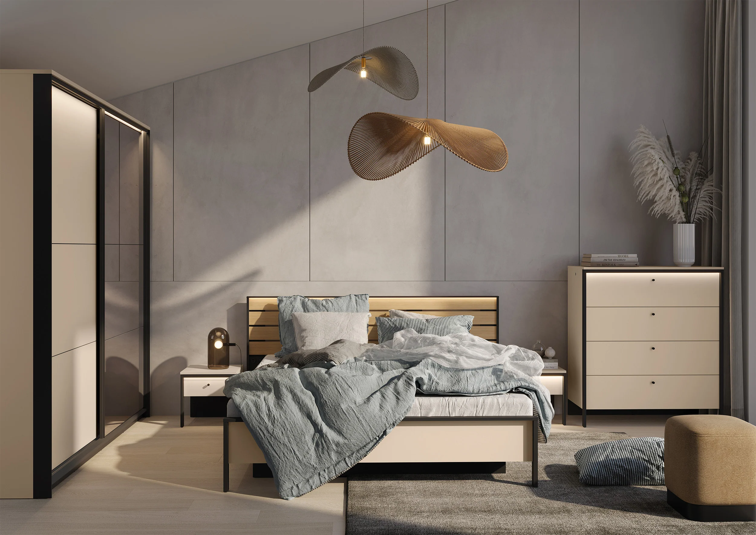 Komoda Enna z czterema szufladami i oświetleniem LED 101 cm beż piaskowy/czarna - Image 5