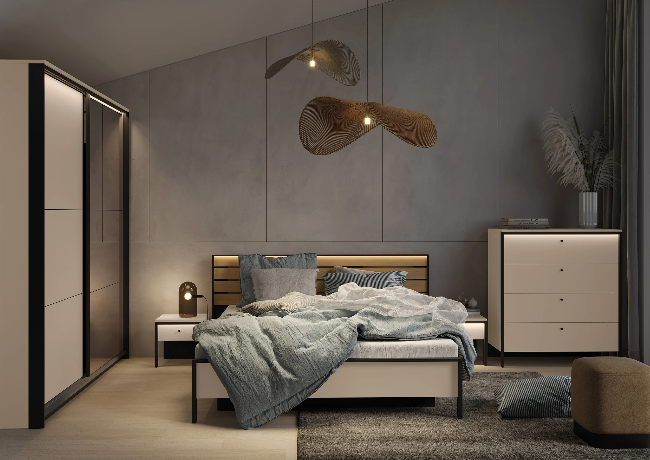 Komoda Enna z czterema szufladami i oświetleniem LED 101 cm beż piaskowy/czarna - Image 6