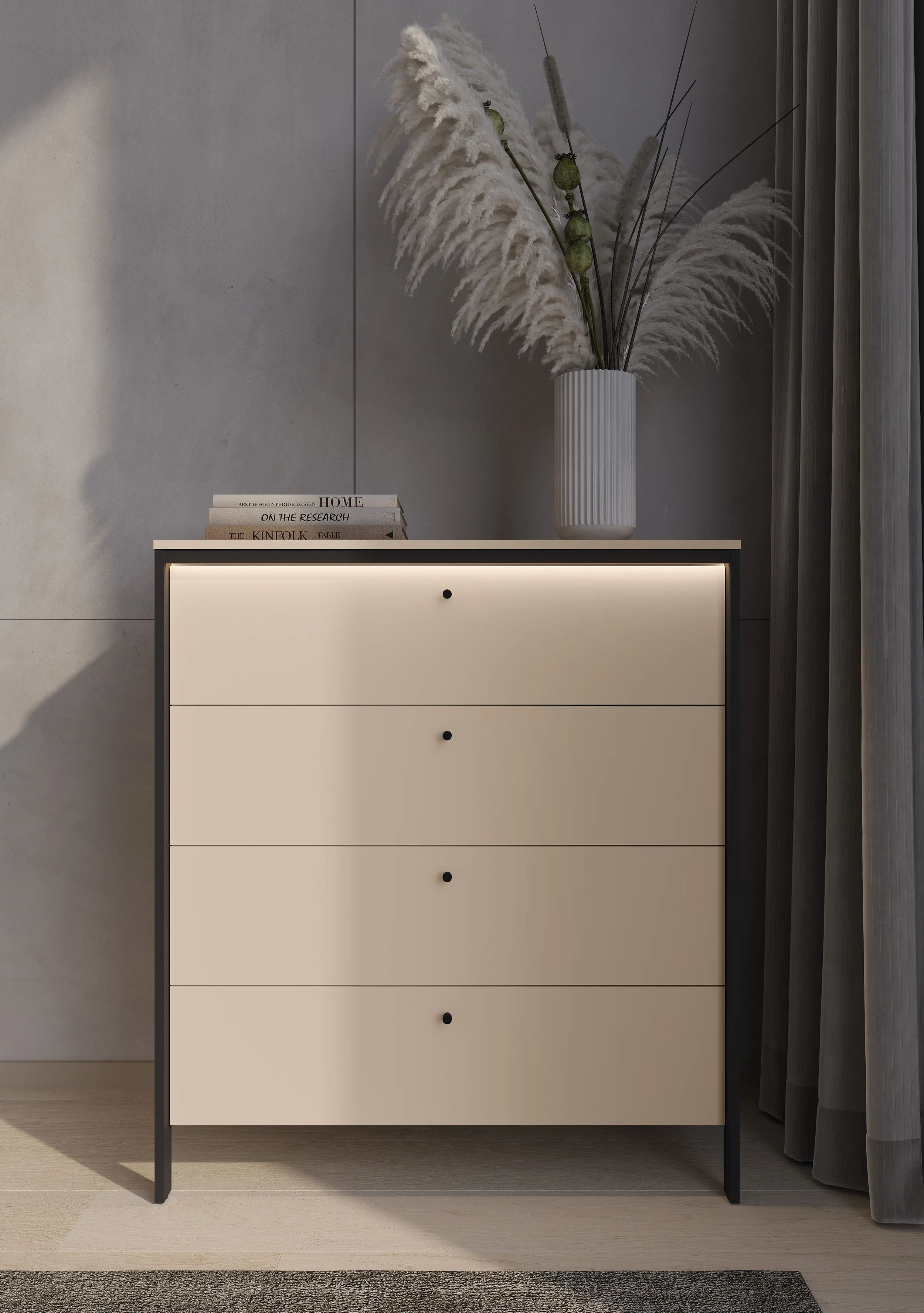 Komoda Enna z czterema szufladami i oświetleniem LED 101 cm beż piaskowy/czarna - Image 7