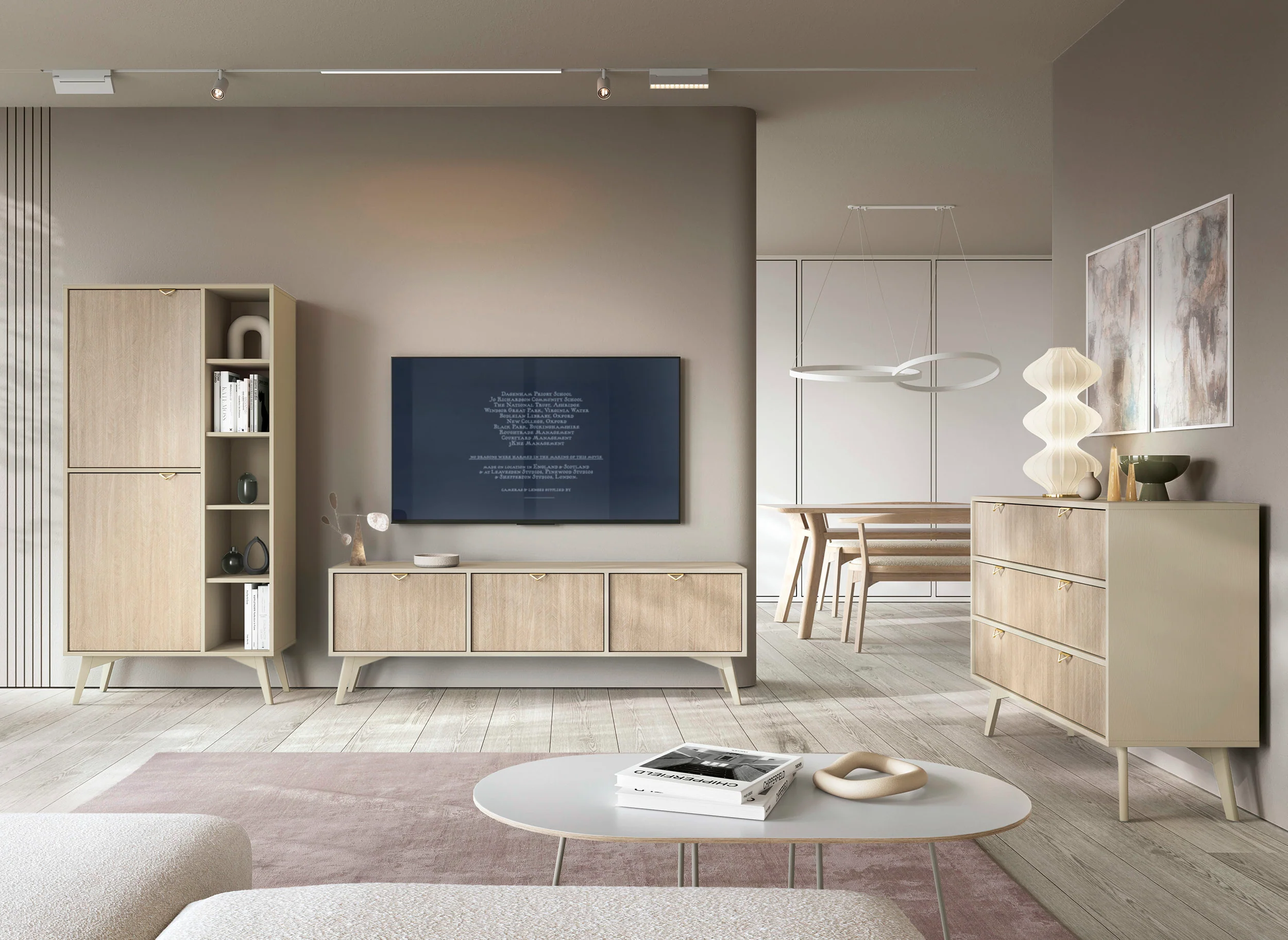 Komoda Favoria dwudrzwiowa z szufladami 158 cm beżowa/jodełka scandi ze złotymi uchwytami - Image 3