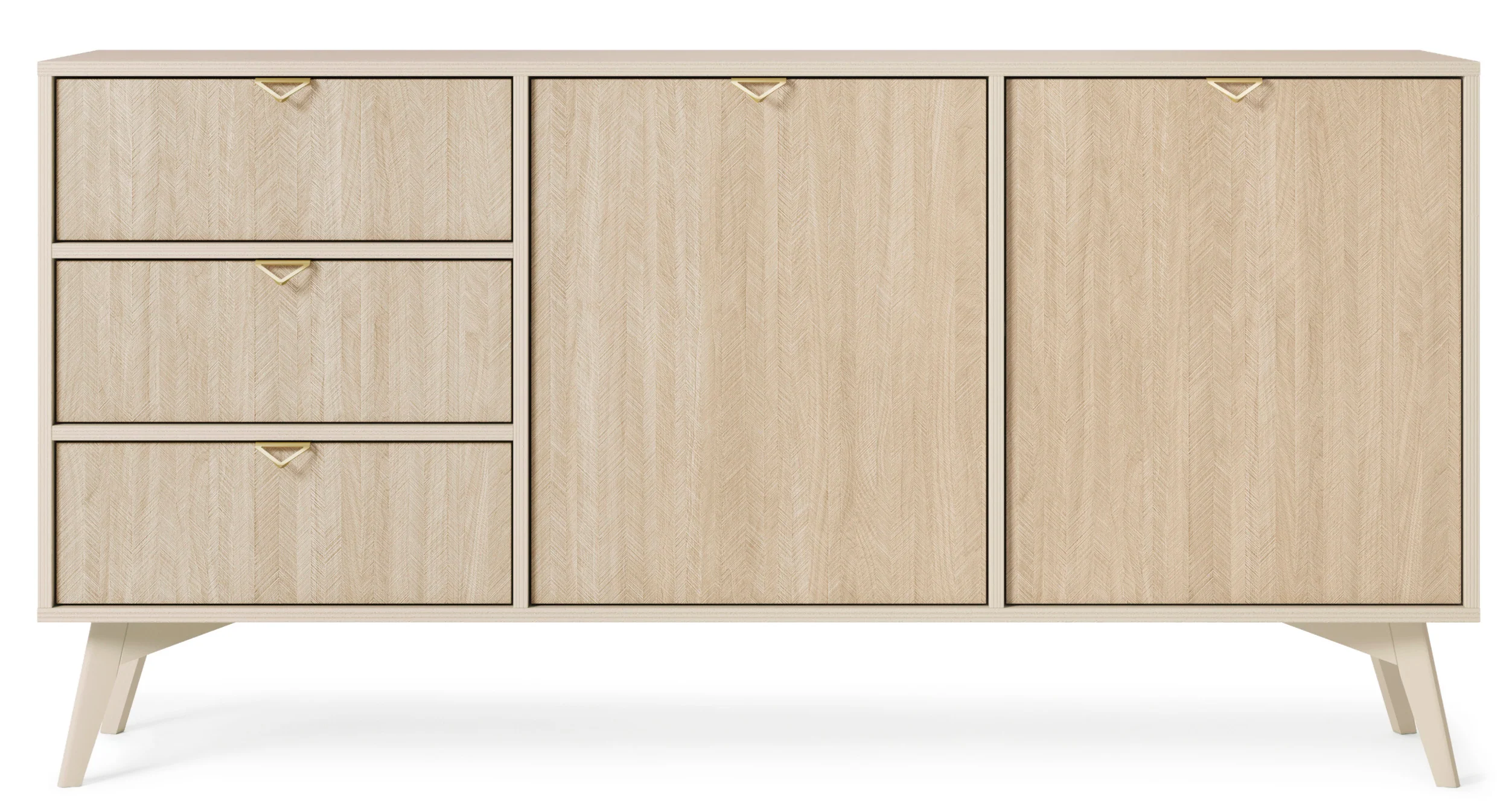 Komoda Favoria dwudrzwiowa z szufladami 158 cm beżowa/jodełka scandi ze złotymi uchwytami - Image 4