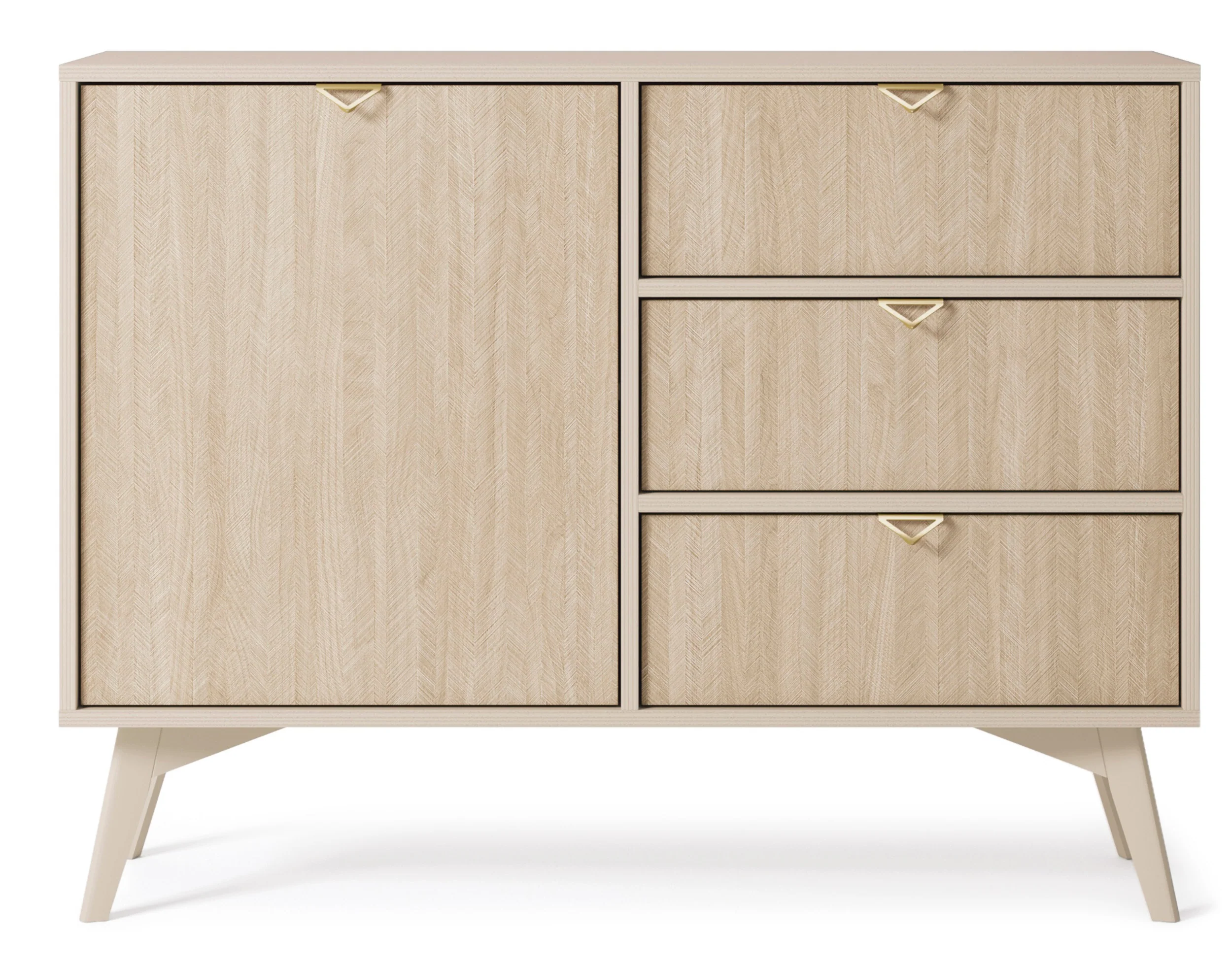 Komoda Favoria jednodrzwiowa z szufladami 106 cm beżowa/jodełka scandi ze złotymi uchwytami - Image 3