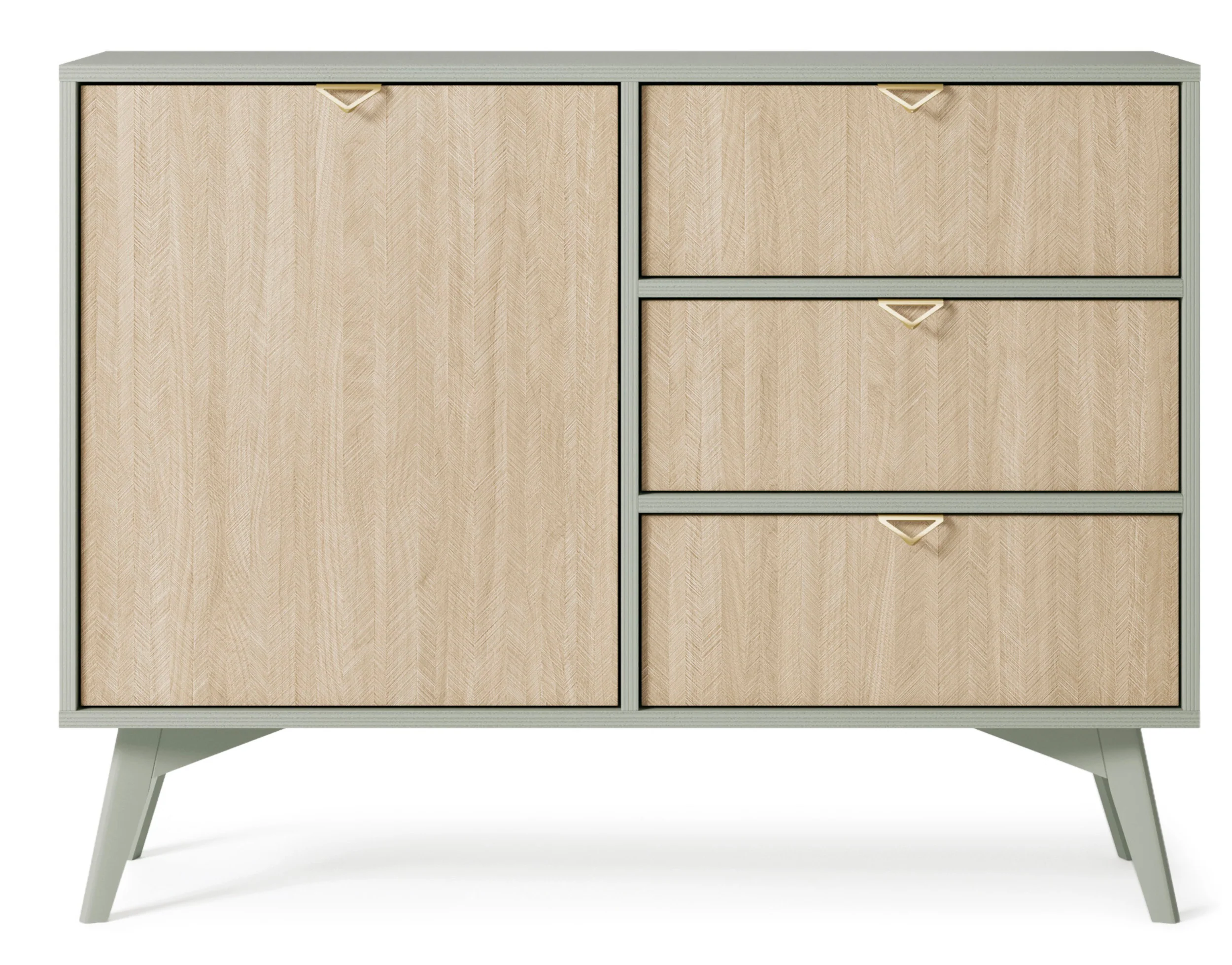 Komoda Favoria jednodrzwiowa z szufladami 106 cm eukaliptus/jodełka scandi ze złotymi uchwytami - Image 3