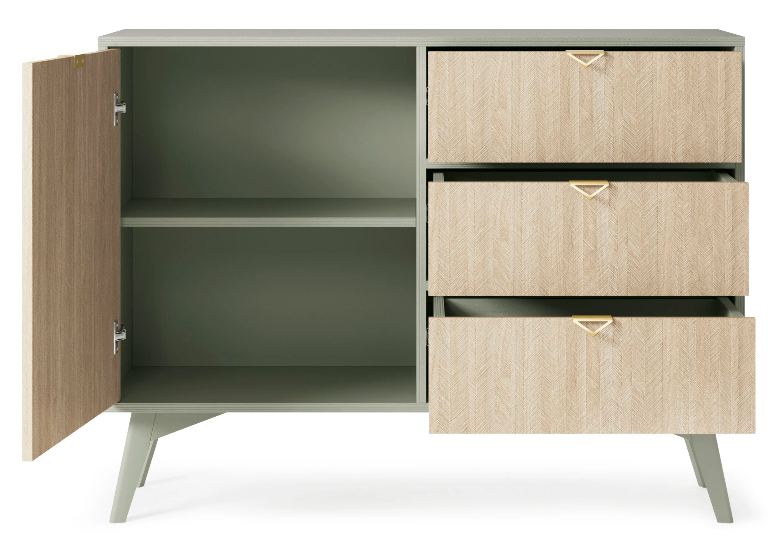 Komoda Favoria jednodrzwiowa z szufladami 106 cm eukaliptus/jodełka scandi ze złotymi uchwytami - Image 4