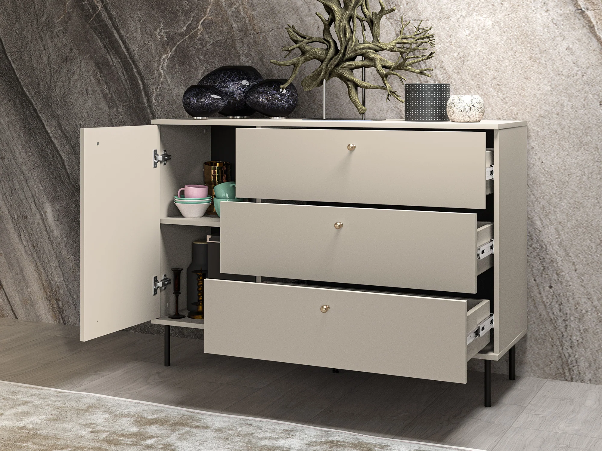 Komoda jednodrzwiowa Caletto z trzema szufladami 120 cm ozdobne lamele beżowa - Image 6