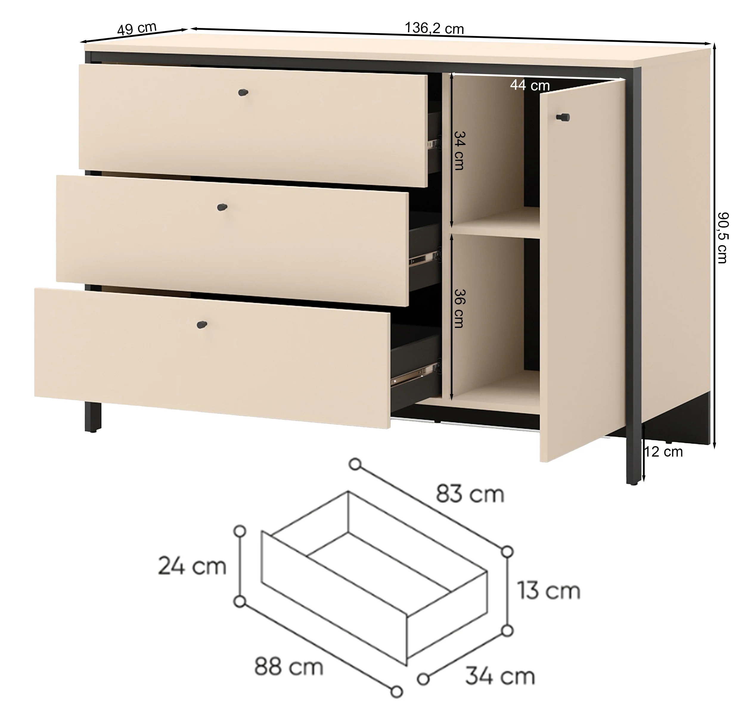Komoda jednodrzwiowa Enna z trzema szufladami i oświetleniem LED 136 cm beż piaskowy/czarna - Image 7