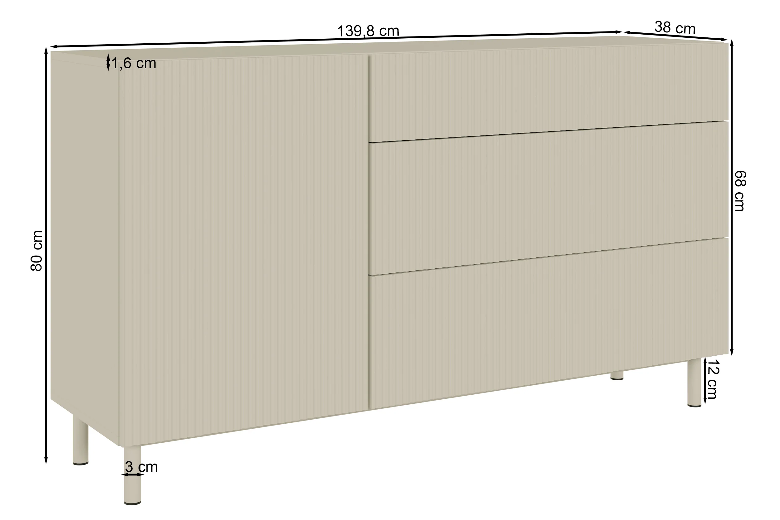 Komoda jednodrzwiowa Veldio New z frezowanym frontem i trzema szufladami 140 cm szary beż - Image 7