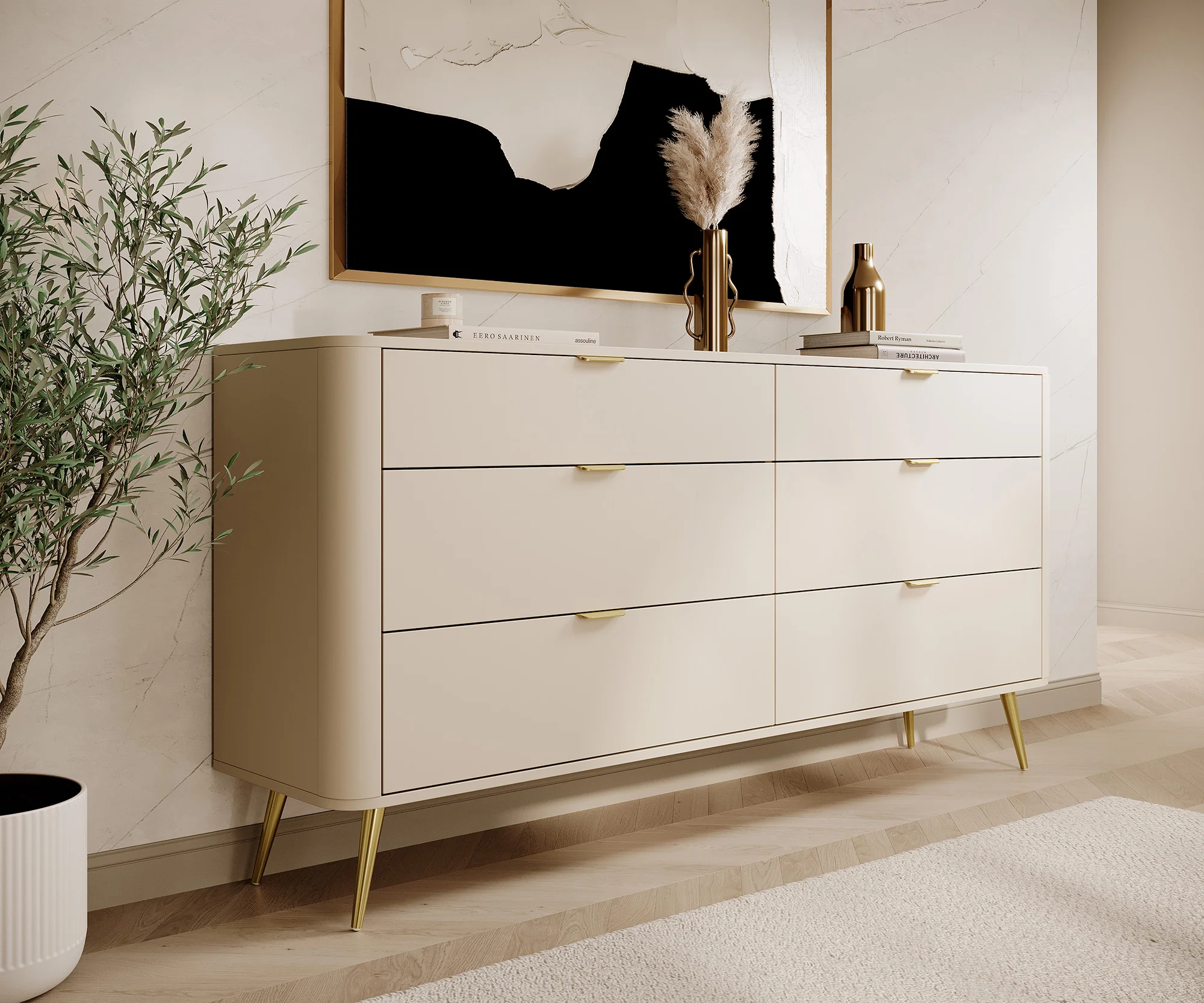 Komoda Oval z sześcioma szufladami 173 cm beż piaskowy - Image 4