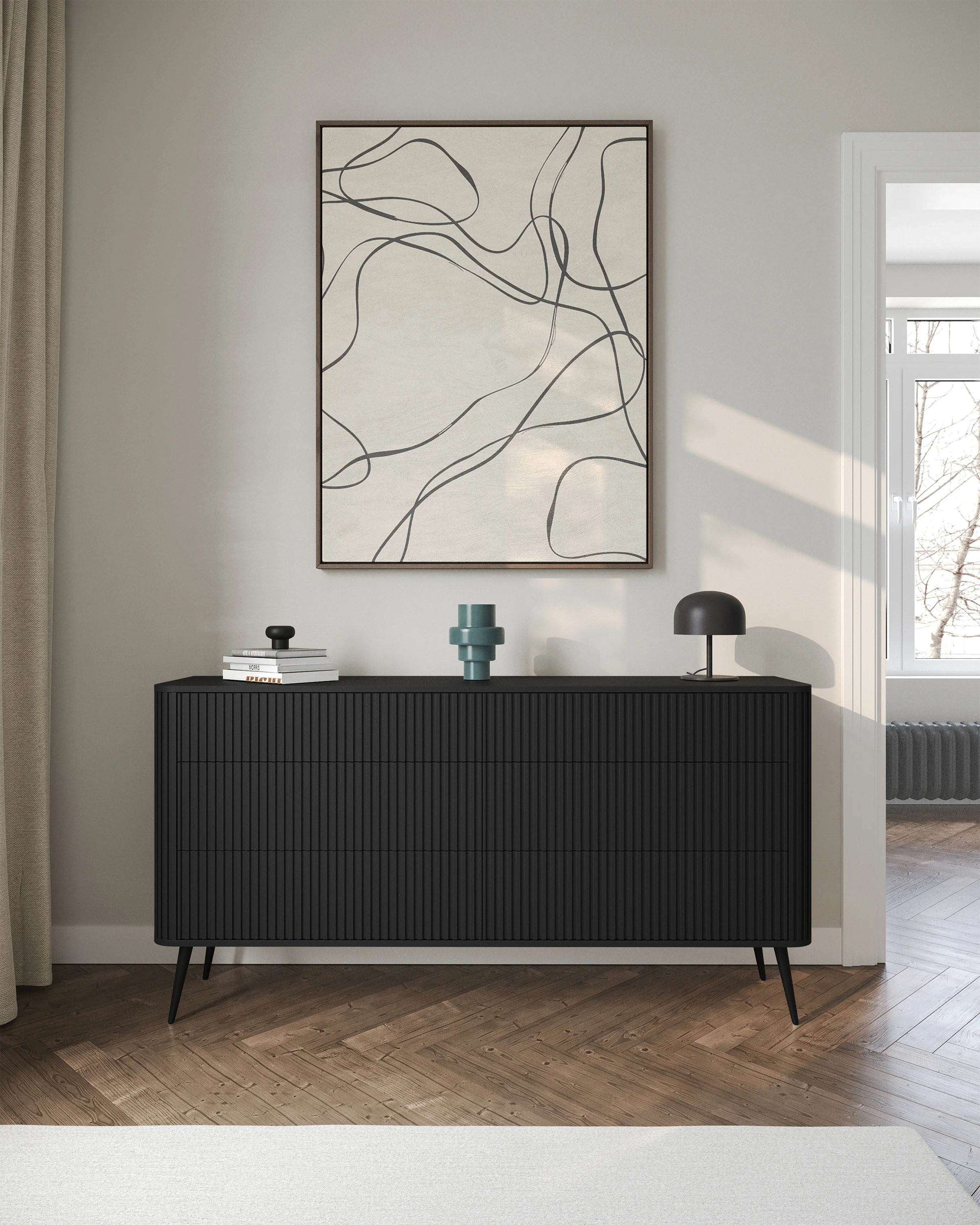 Komoda Ovarlo z ryflami i sześcioma szufladami 168 cm czarna z czarnymi nogami - Image 2
