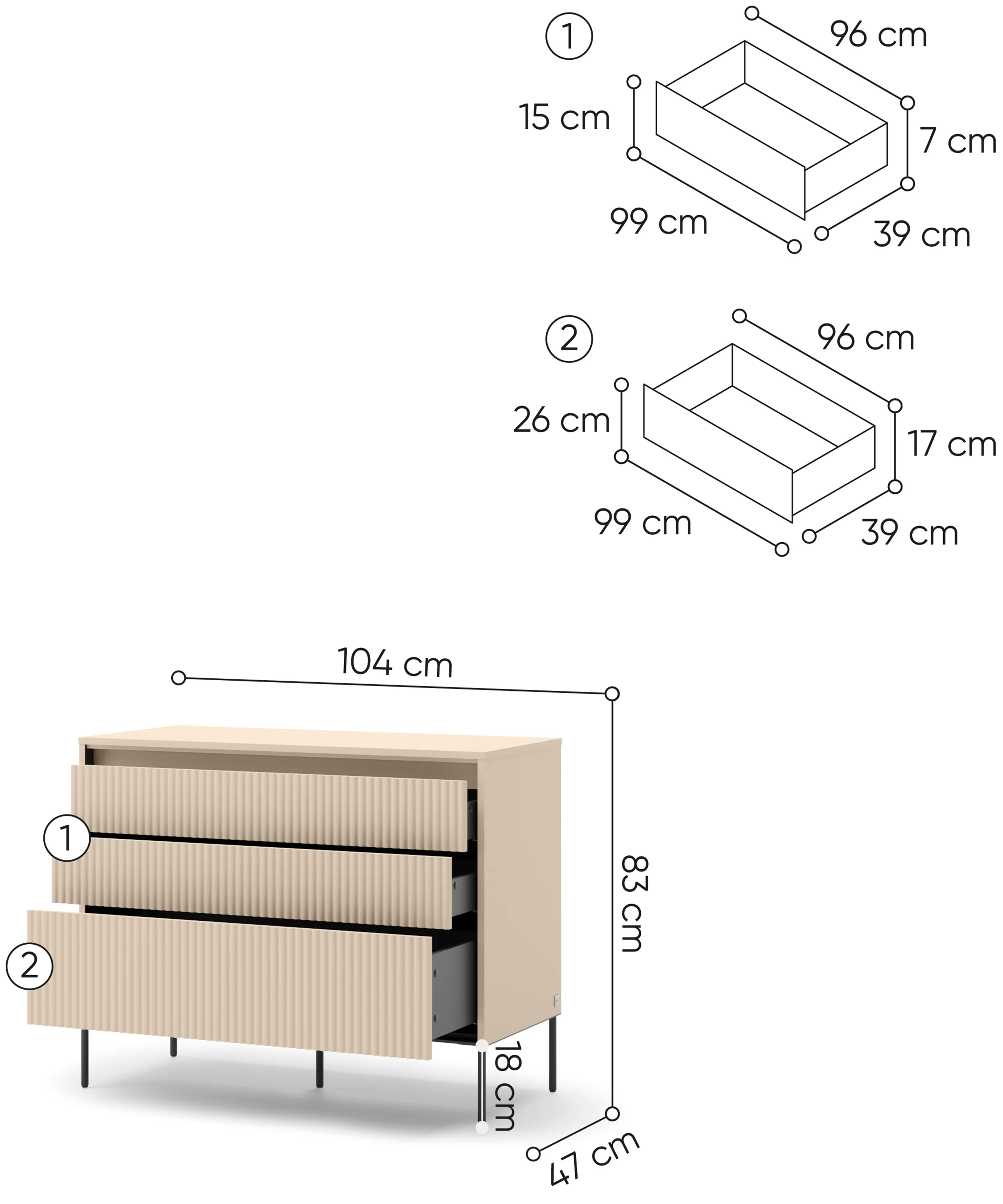 Komoda Trend z trzema szufladami i oświetleniem 104 cm ryflowane fronty beż piaskowy / czarny - Image 5