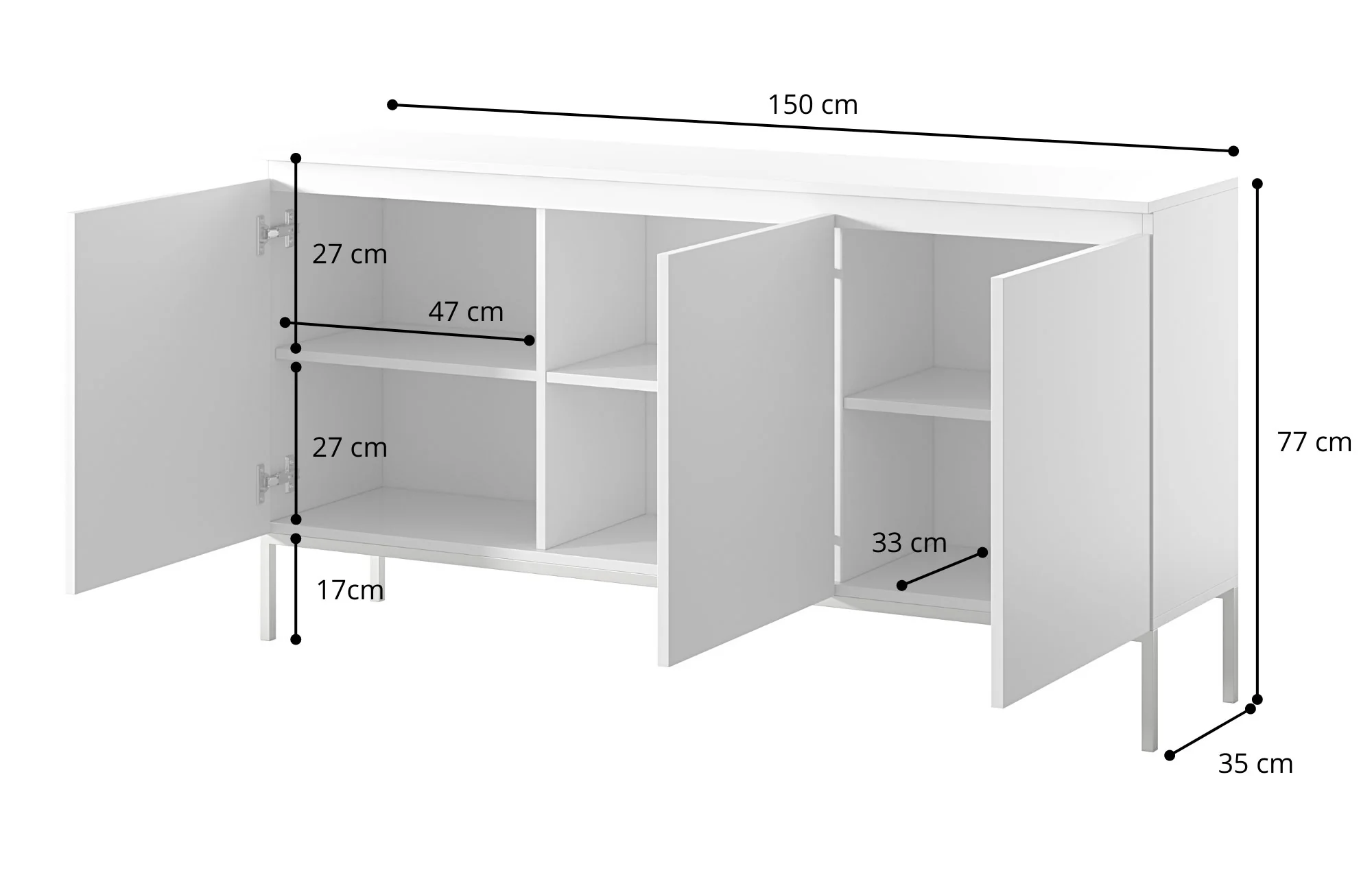Komoda trzydrzwiowa Bemmi 150 cm biała ze złotymi nogami - Image 8