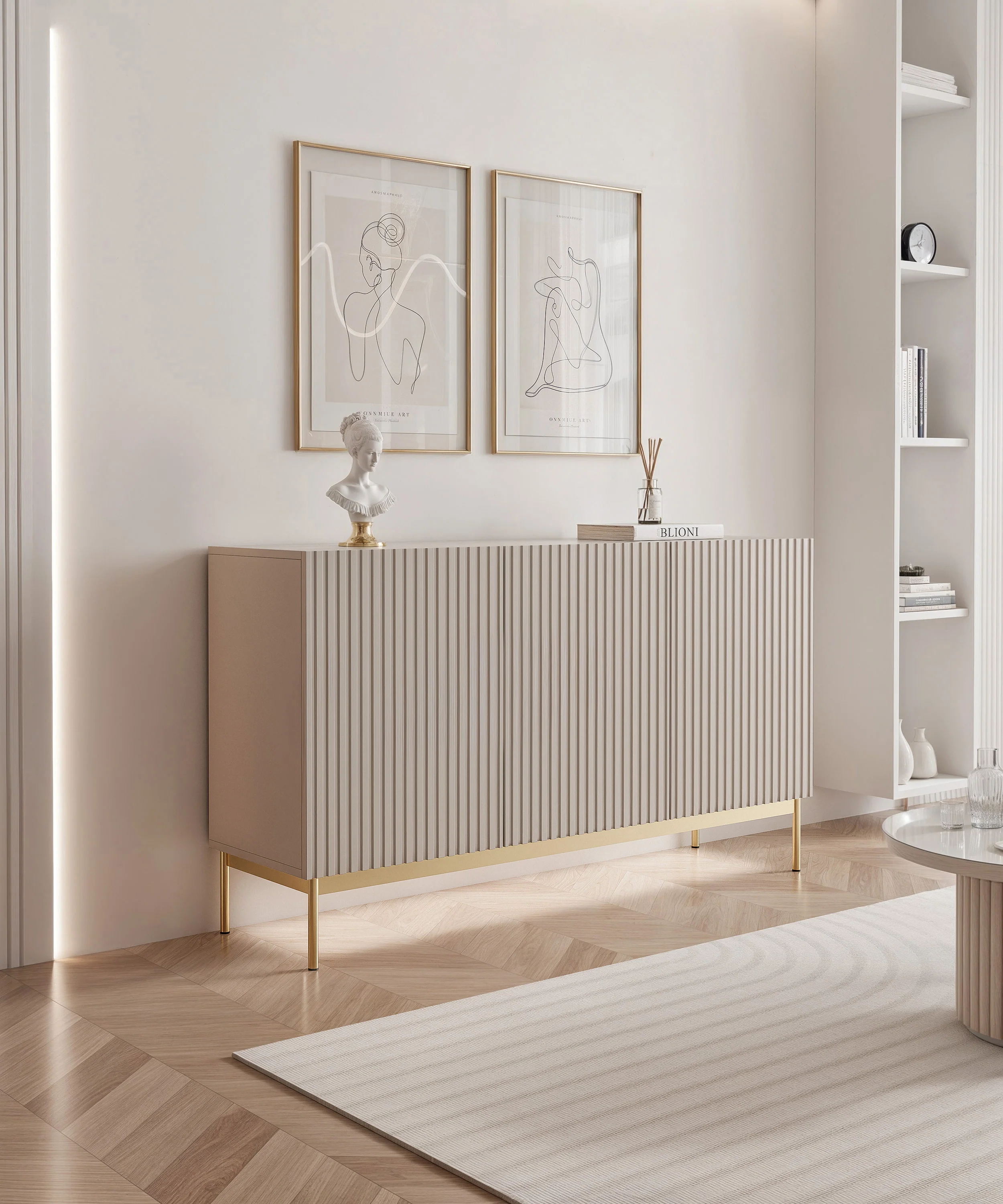 Komoda trzydrzwiowa Linearis z oświetleniem LED 138 cm kaszmir na złotych nóżkach - Image 2