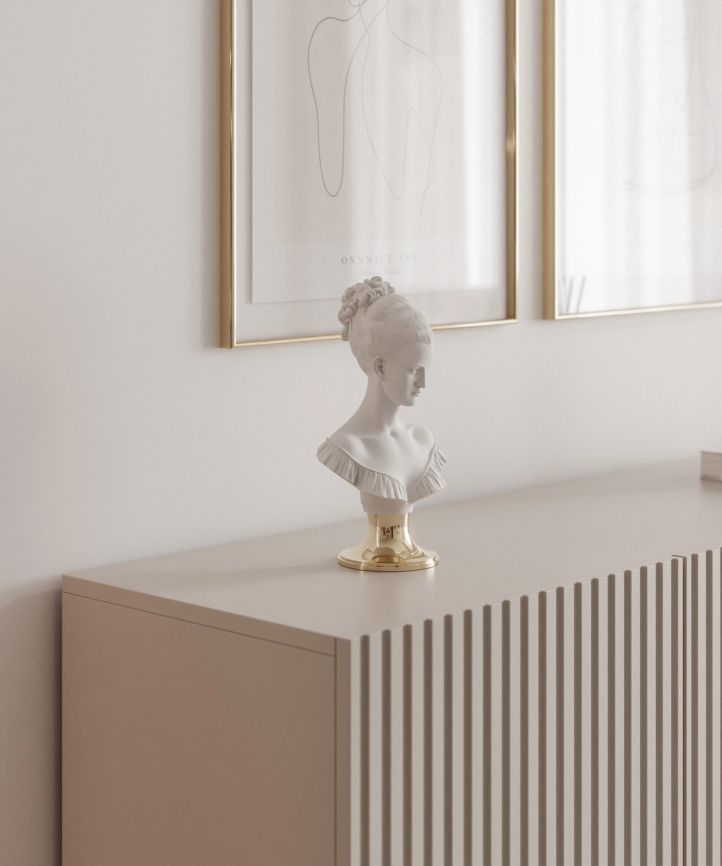 Komoda trzydrzwiowa Linearis z oświetleniem LED 138 cm kaszmir na złotych nóżkach - Image 6