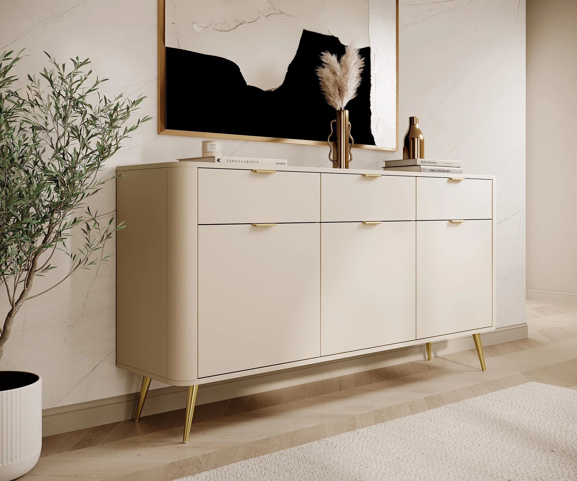 Komoda trzydrzwiowa Oval z szufladami 163,5 cm beż piaskowy - Image 2