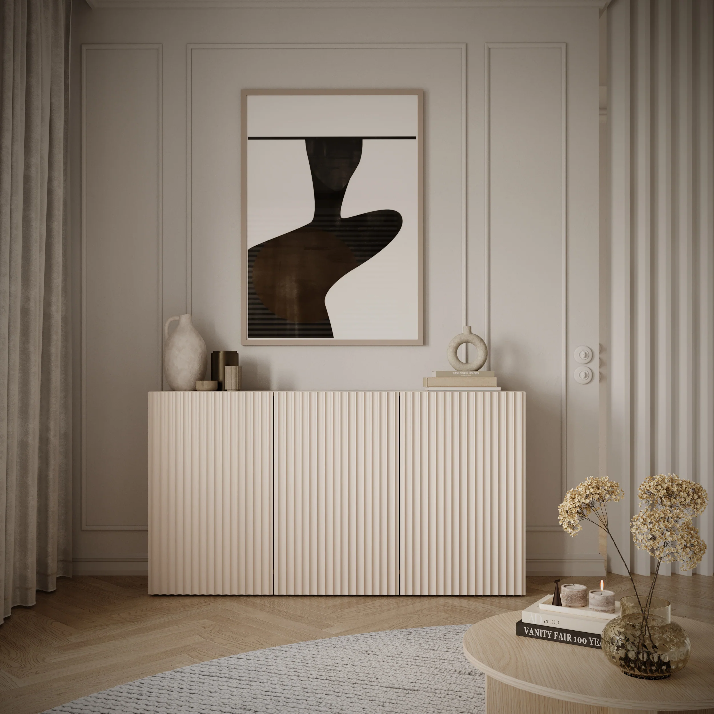 Komoda trzydrzwiowa Sunds z ryflowanymi frontami 150 cm kaszmir - Image 3