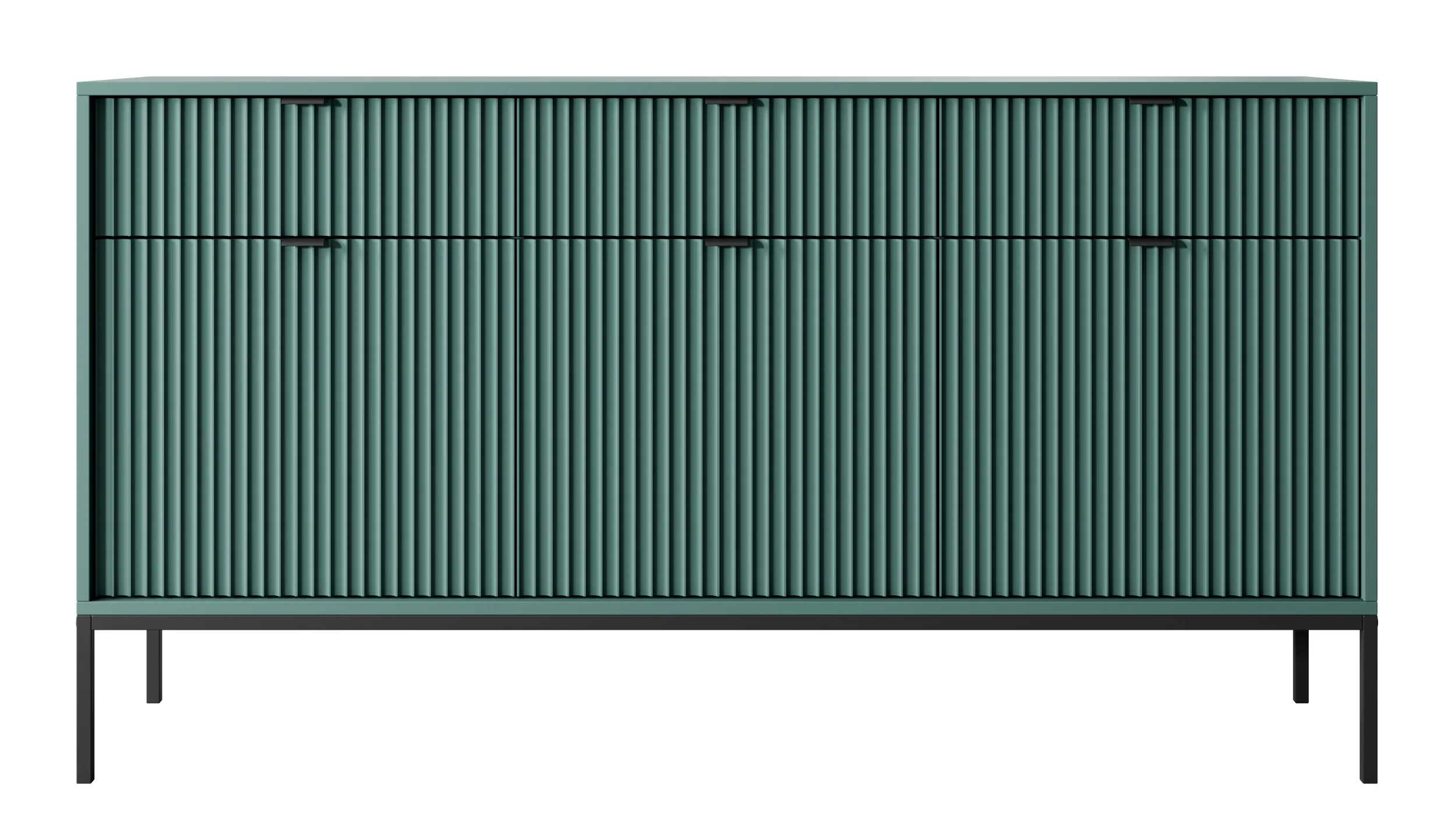 Komoda trzydrzwiowa Vellore 154 cm zielona z ryflowanymi frontami, czarnymi uchwytami i stelażem - Image 3