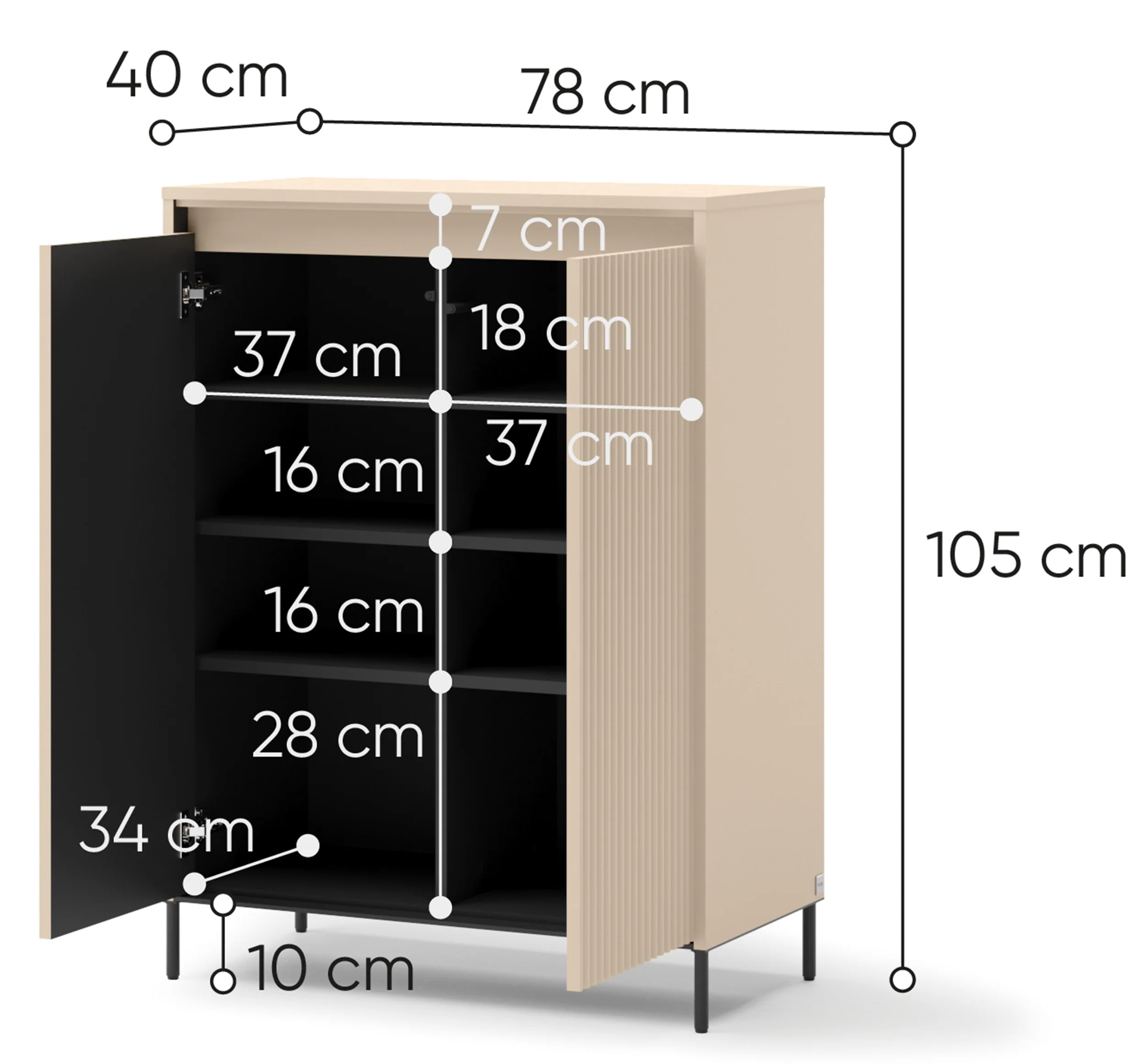 Komoda wysoka Trend dwudrzwiowa z oświetleniem 78 cm ryflowane fronty beż piaskowy / czarny - Image 6