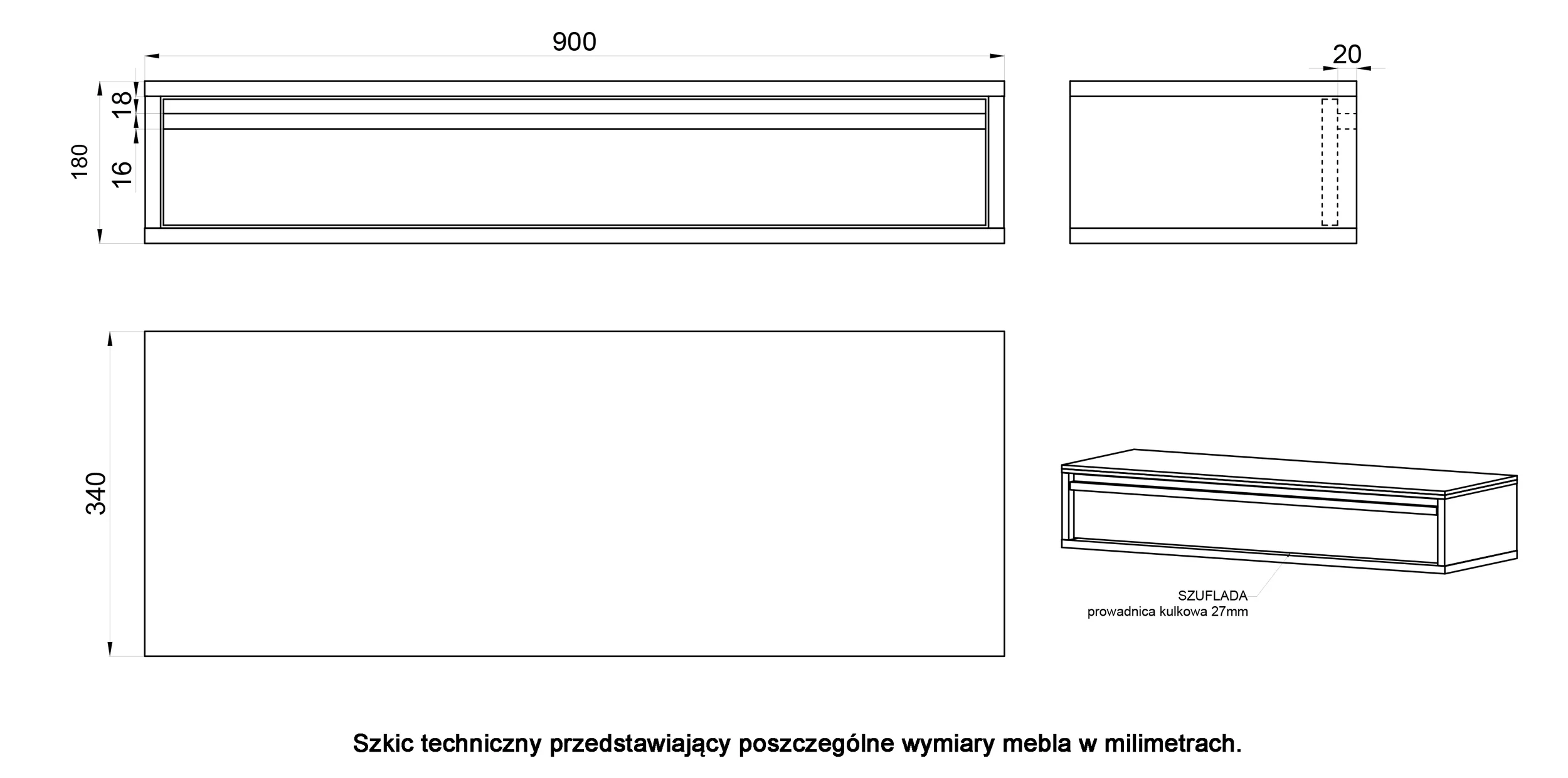Konsola Evo z szufladą wisząca 90 cm Czarna - Image 7