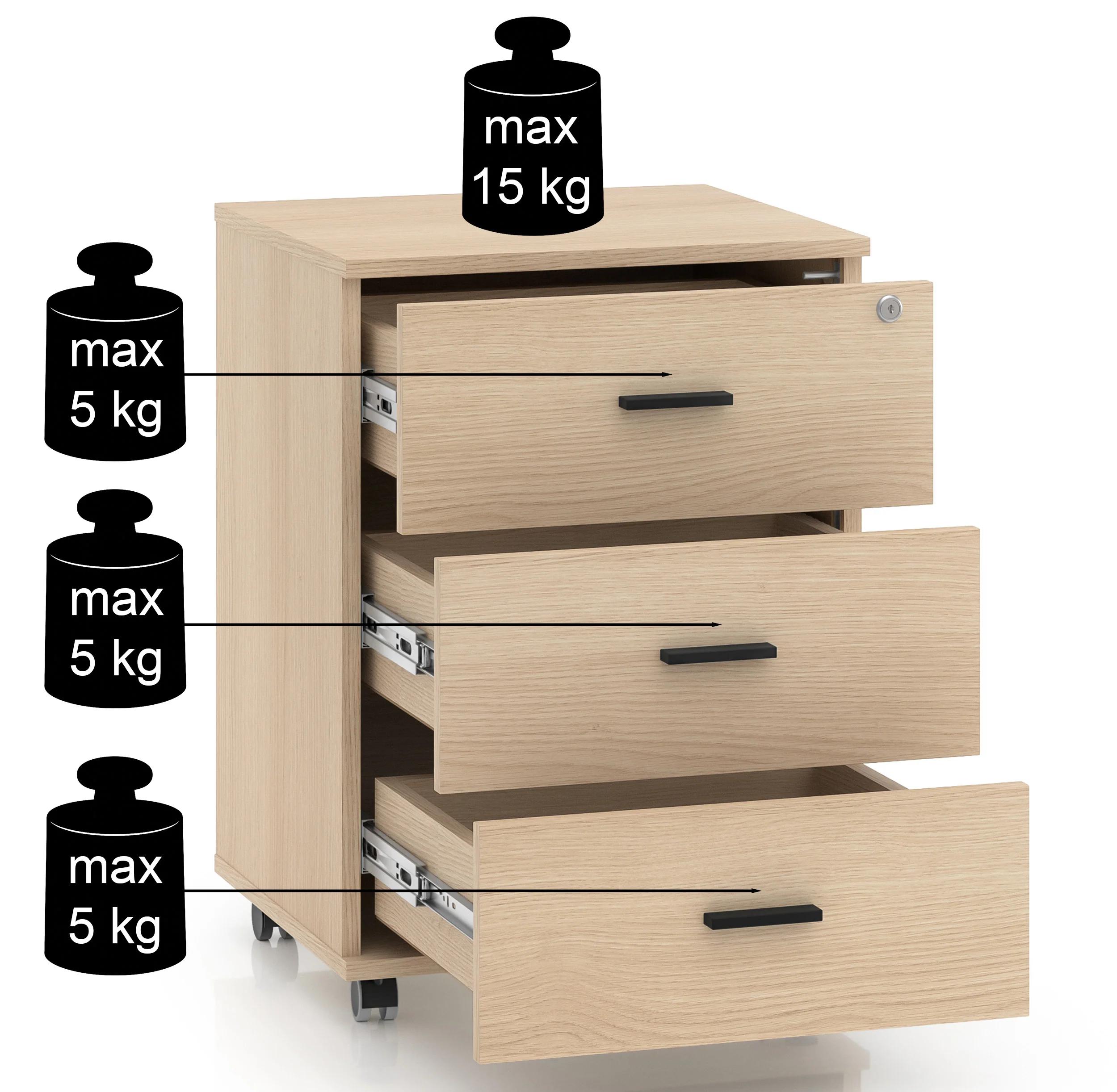 Kontenerek biurowy Odelis na kółkach z trzema szufladami 46 cm dąb lindberg - Image 11