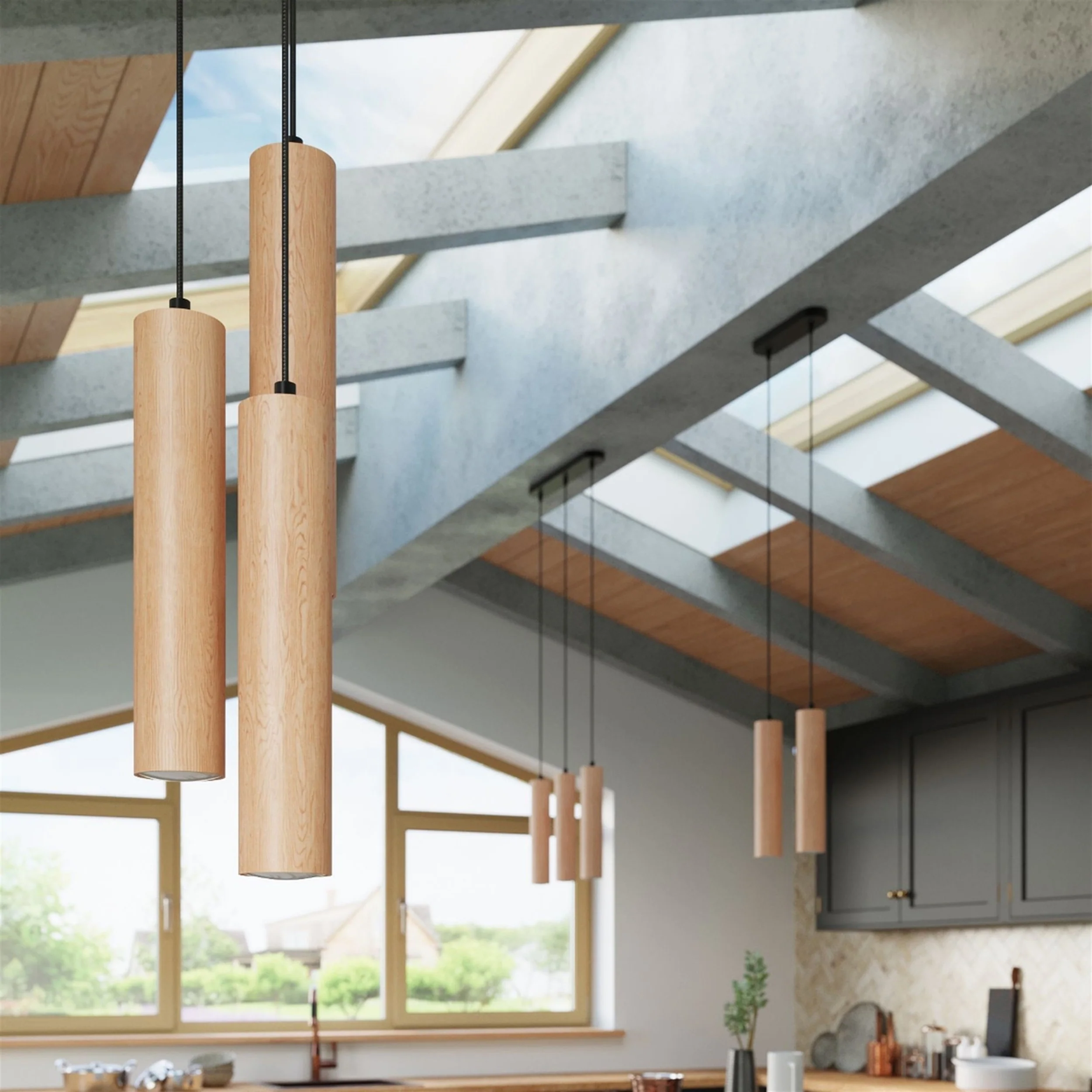 Lampa wisząca Lino x3 naturalne drewno na okrągłej podsufitce - Image 7