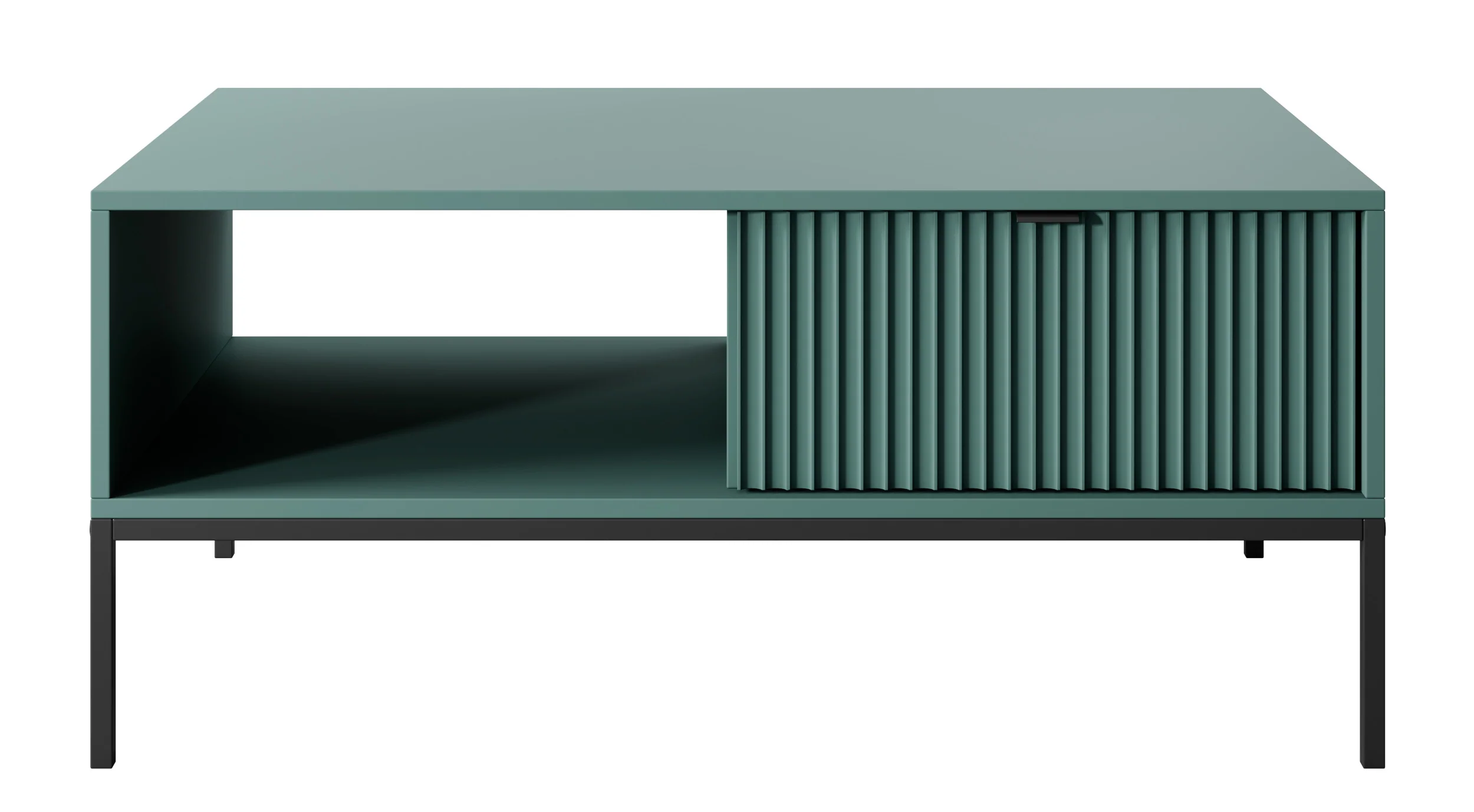 Ława kawowa Vellore 104x68 cm zielona z ryflowanym frontem, czarnymi uchwytami i stelażem - Image 4