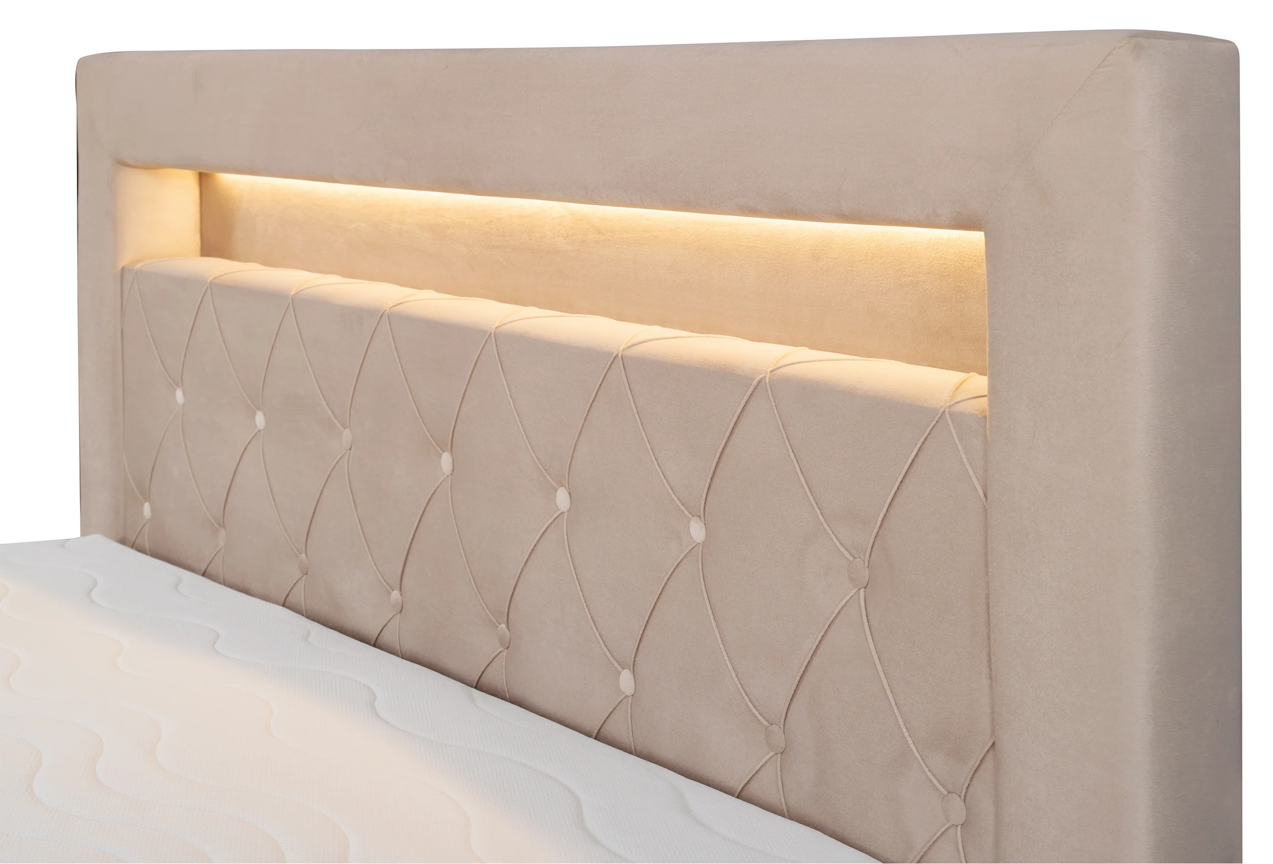 Łóżko kontynentalne 140x200 cm Goldess z pojemnikami i oświetleniem LED beżowe welwet - Image 4