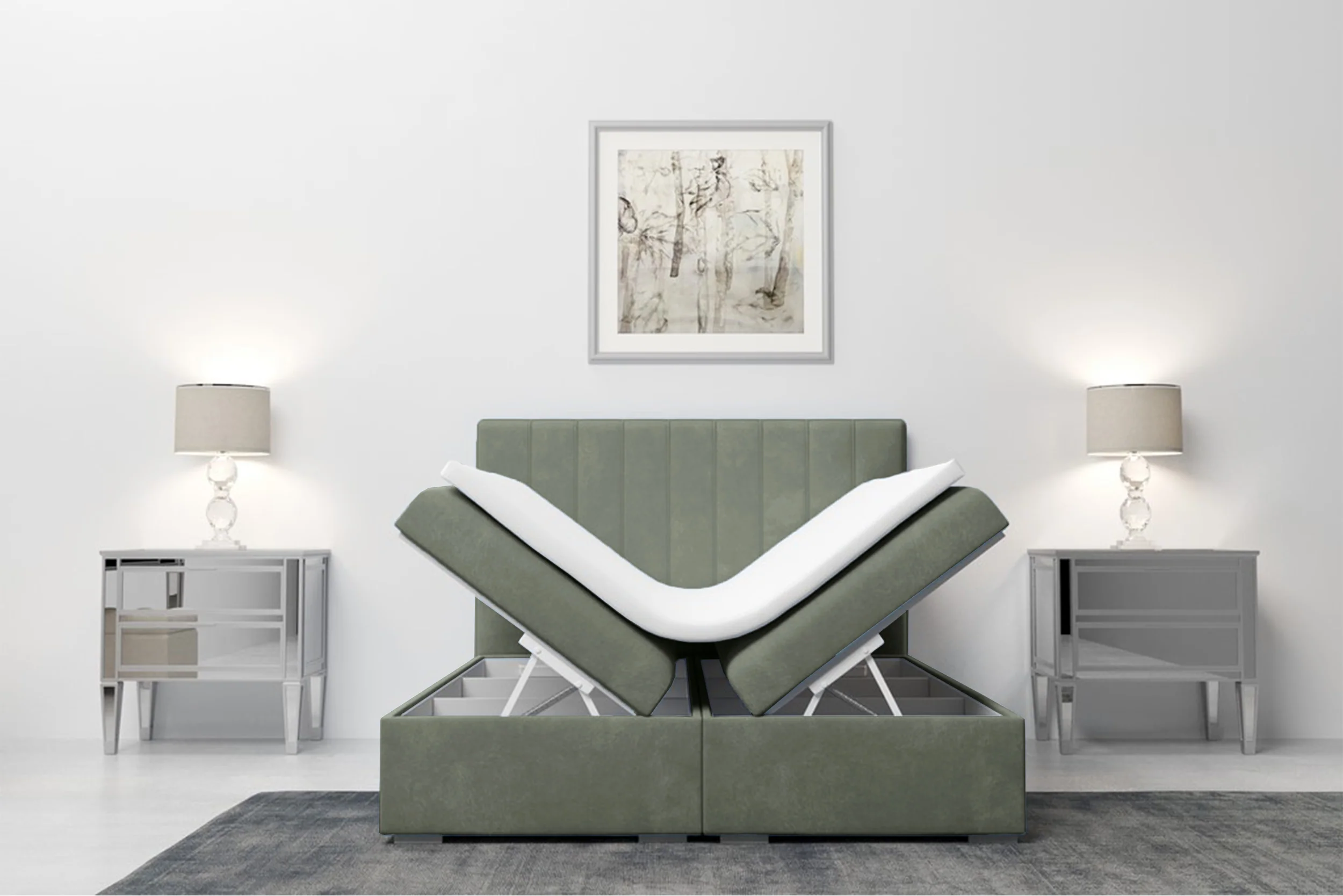 Łóżko kontynentalne 140x200 cm Hunbert z pojemnikami i topperem eukaliptusowe welur hydrofobowy - Image 5