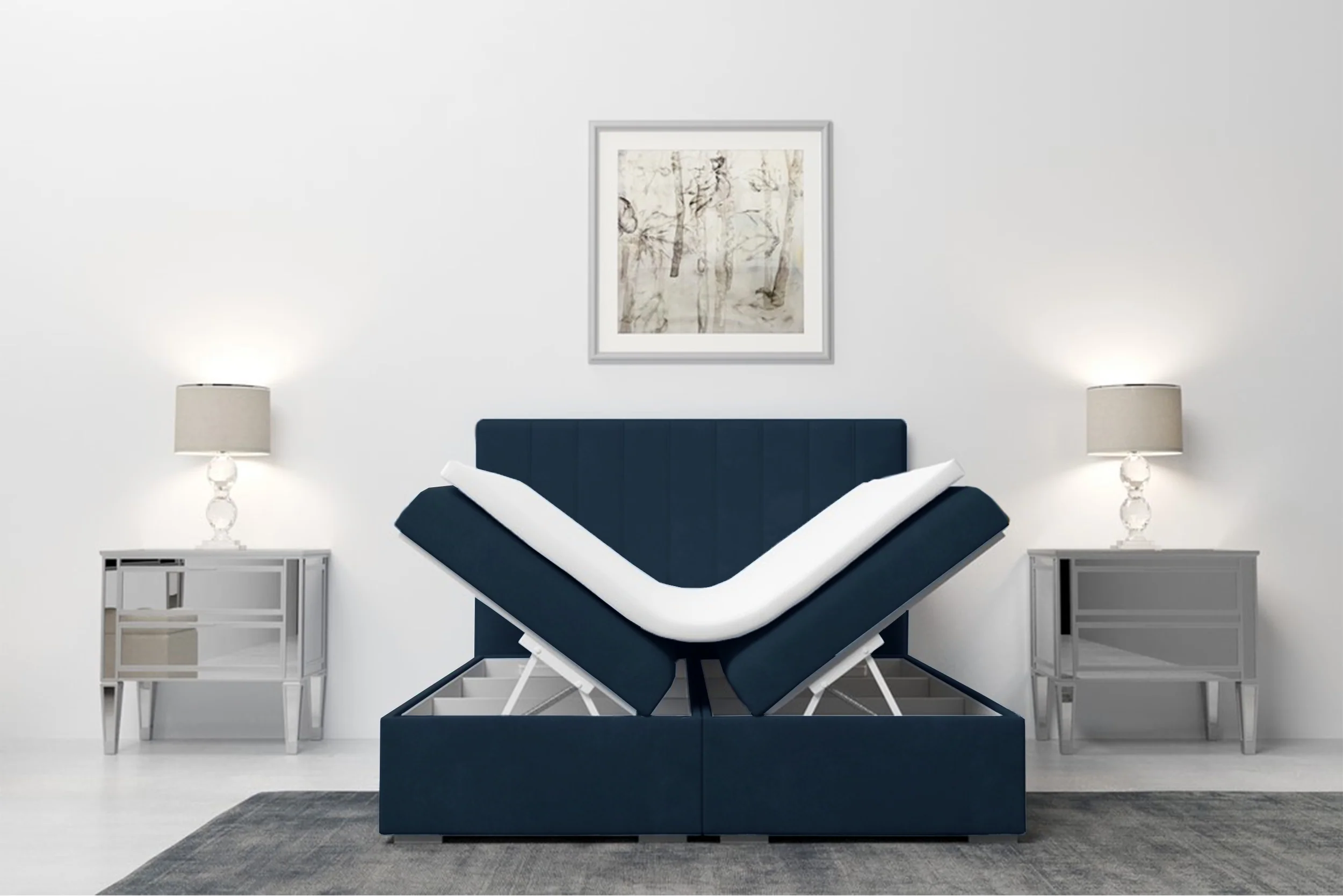 Łóżko kontynentalne 140x200 cm Hunbert z pojemnikami i topperem granatowe welur hydrofobowy - Image 5