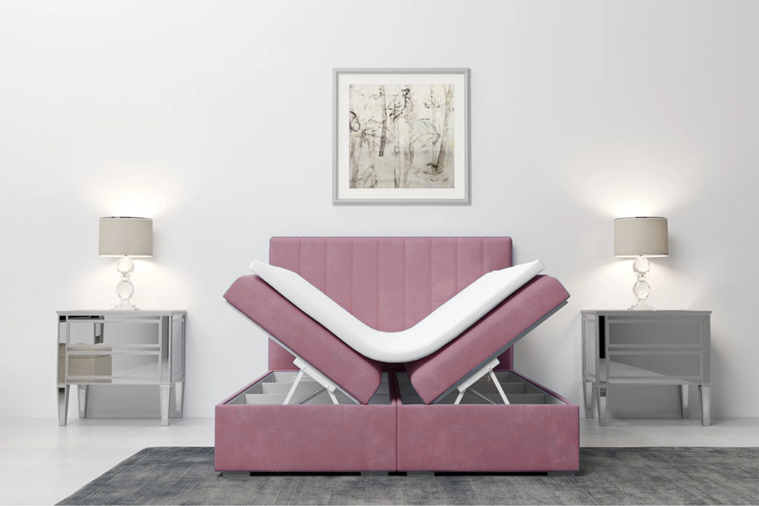 Łóżko kontynentalne 140x200 cm Hunbert z pojemnikami i topperem różowe welur hydrofobowy - Image 5