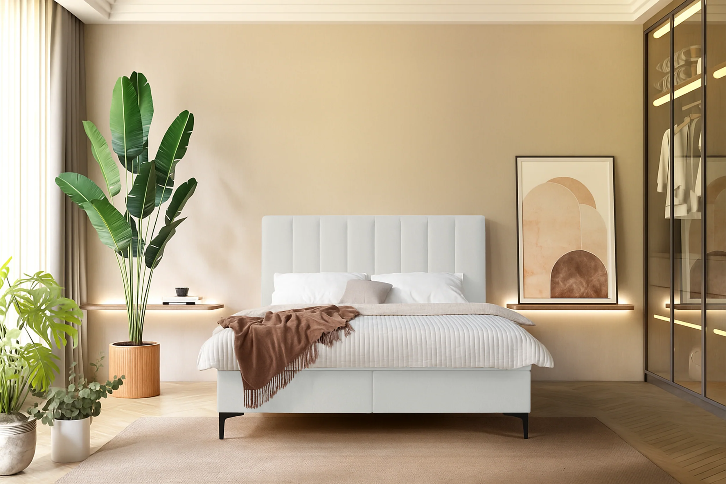 Łóżko kontynentalne 140x200 cm Lorentes z pojemnikiem i topperem kremowe plecionka - Image 2