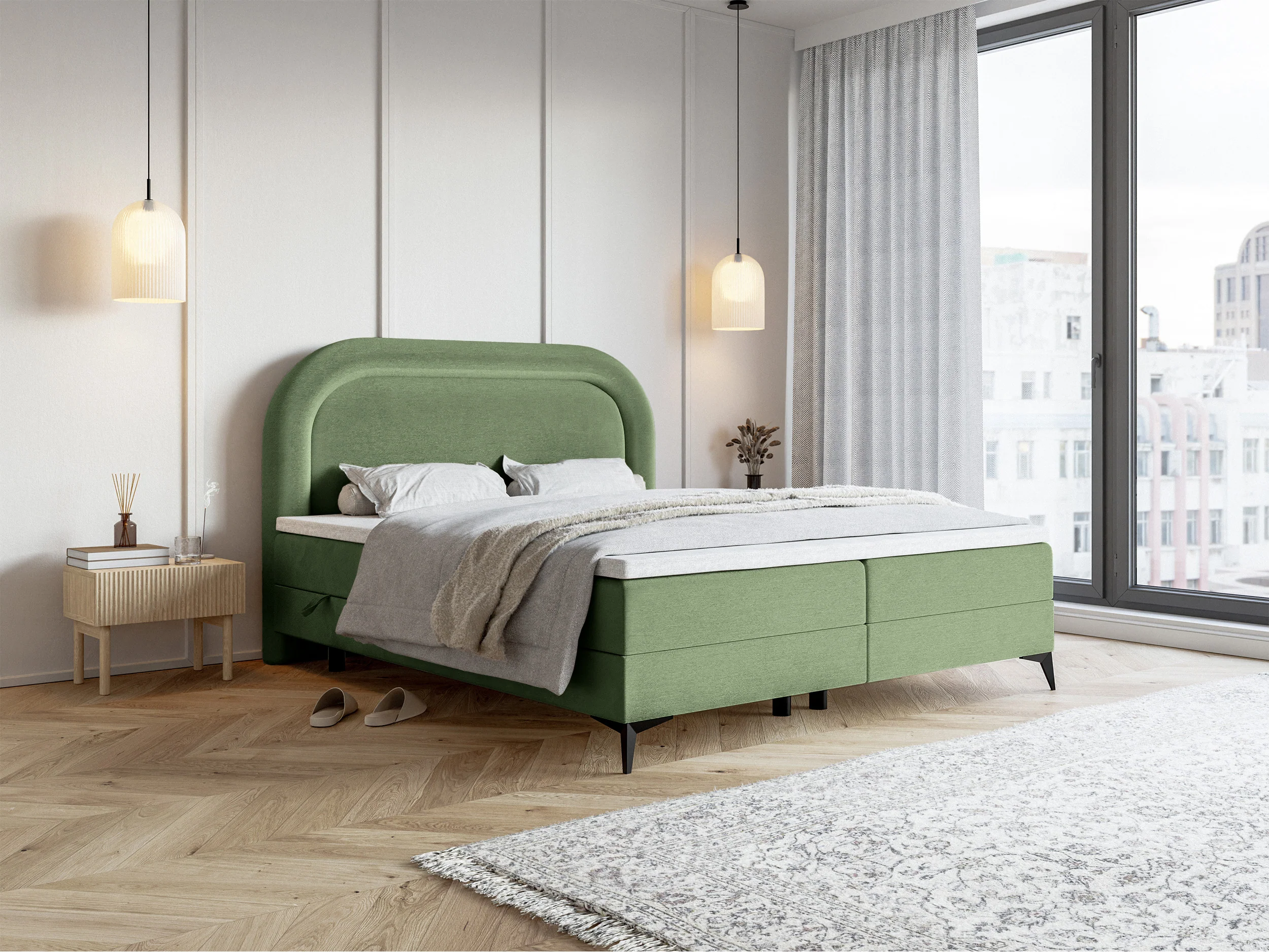 Łóżko kontynentalne 140x200 cm Loreo z topperem i pojemnikami eukaliptusowe welur hydrofobowy - Image 2